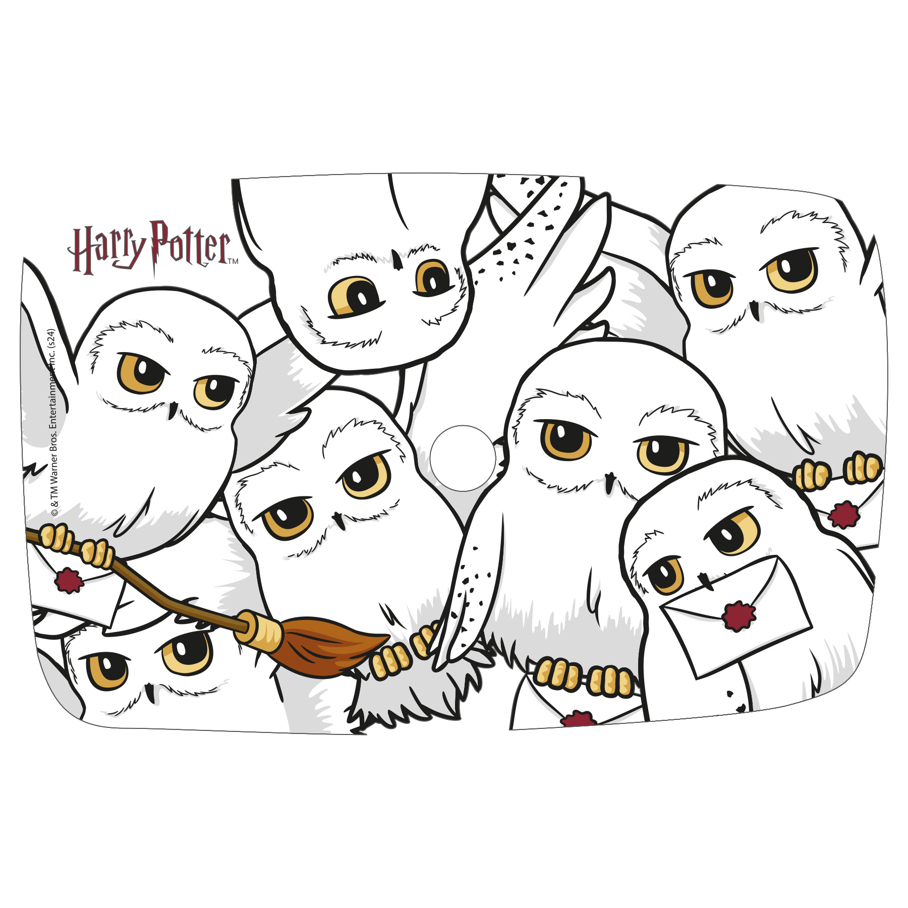 Eine Collage von Eulen aus Harry Potter, einige mit Briefen, auf weißem Hintergrund.