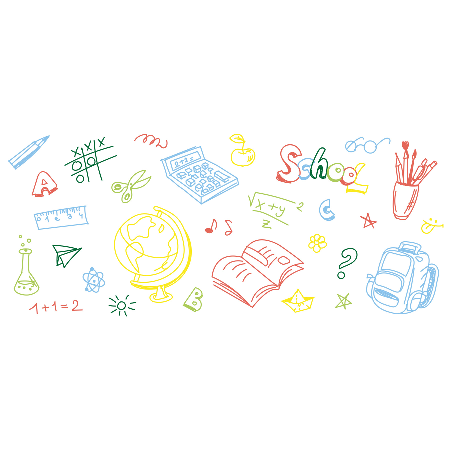 Eine bunte Illustration von schulbezogenen Objekten. Enthält einen Bleistift, eine Schere, Bücher, einen Globus und einen Rucksack.