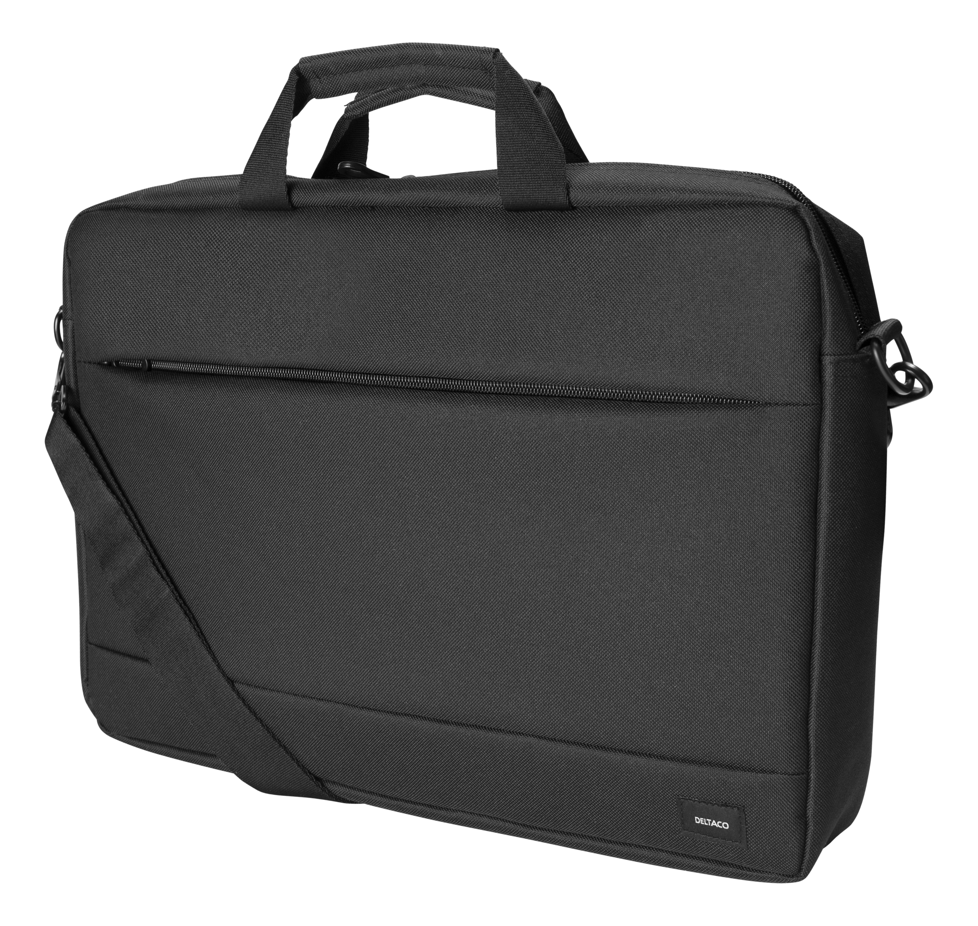 Borsa nera per laptop con manico e tracolla, con zip e logo.