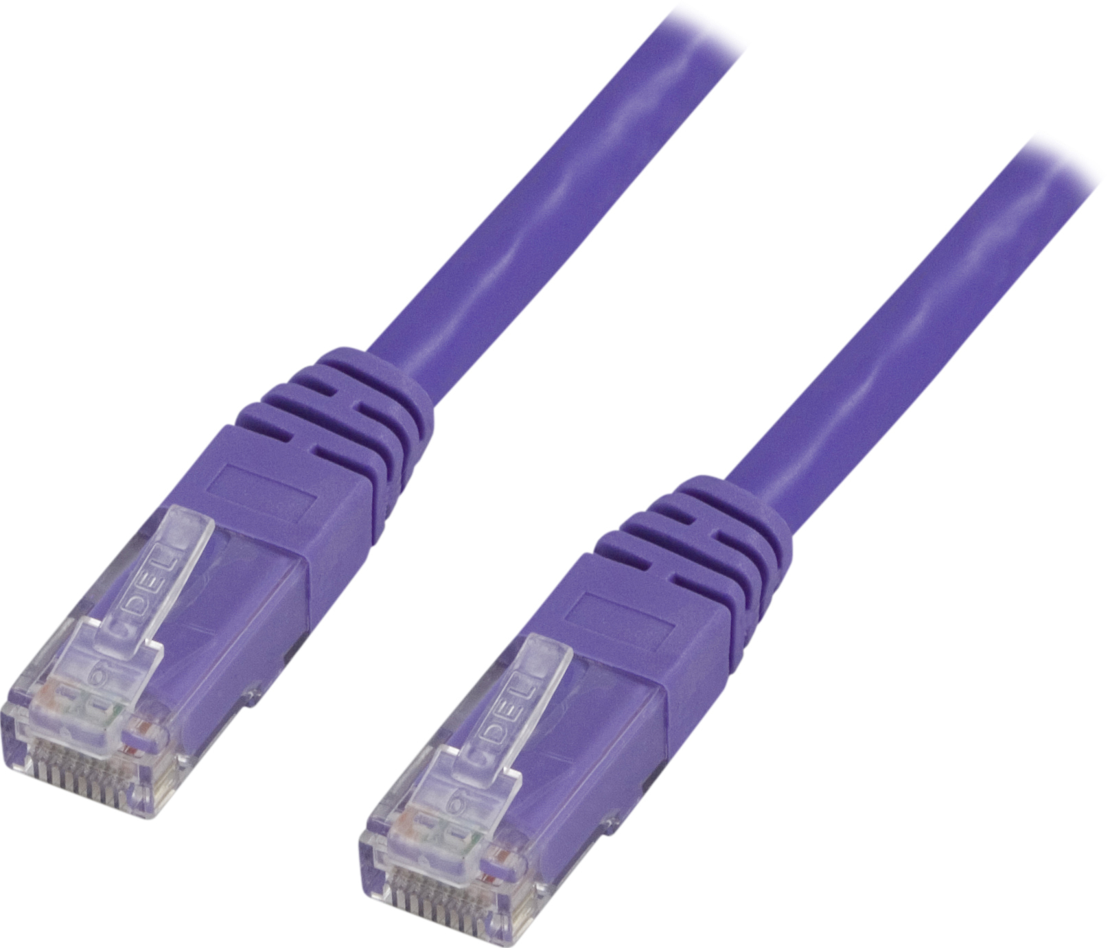 Due cavi di rete viola con connettori RJ45. Connettori con fili multicolori visibili.