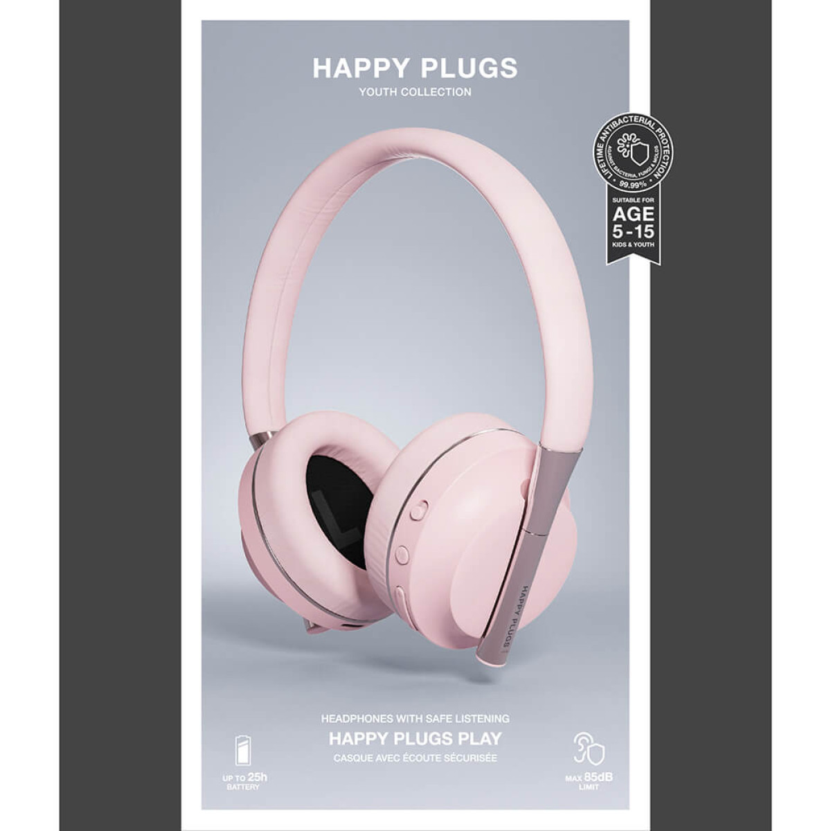 Rosa Kopfhörer mit weißen Details auf weißem Hintergrund. Text: Happy Plugs.