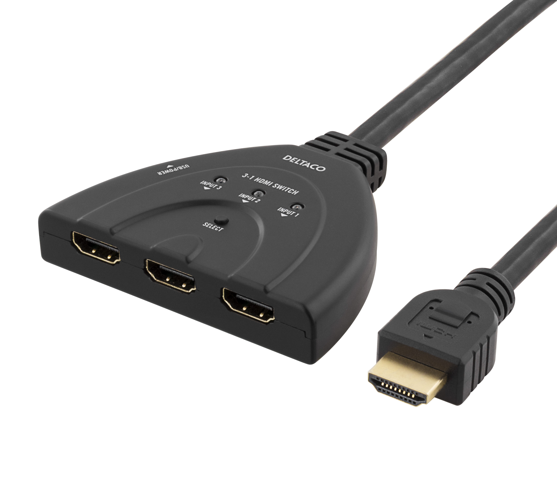 Schwarzer 3-zu-1-HDMI-Switch mit angeschlossenen HDMI-Kabeln, schwarzes Gehäuse und beschriftete Eingänge.