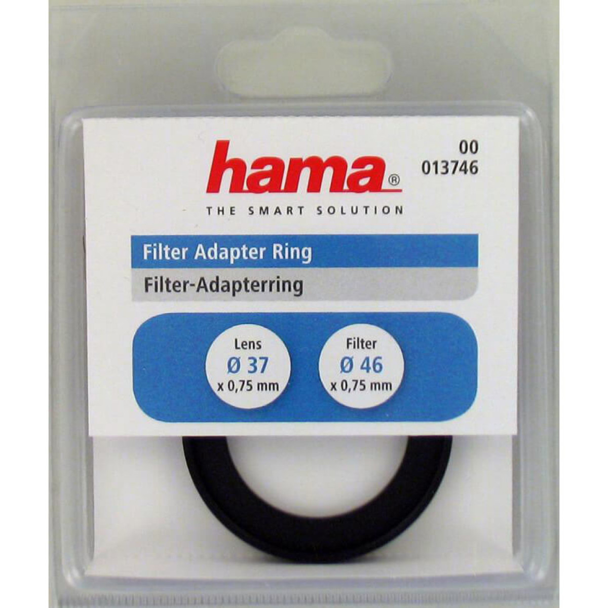 Filteradapterring in der Verpackung. Etiketten zeigen Linsen- und Filtergrößen.