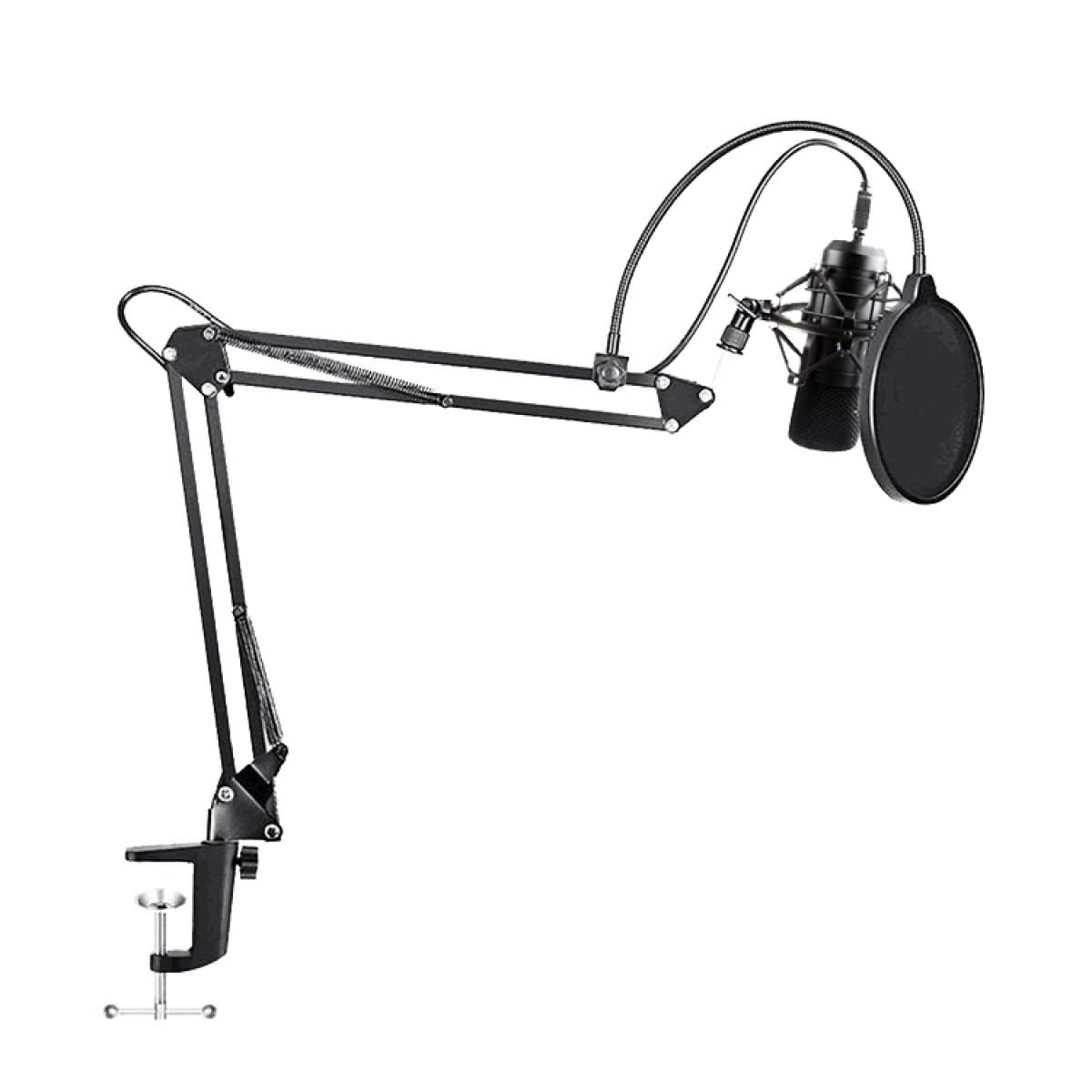 Ein schwarzes Mikrofon mit Popfilter an einem schwarzen, verstellbaren Arm, der an einer Klemme befestigt ist.