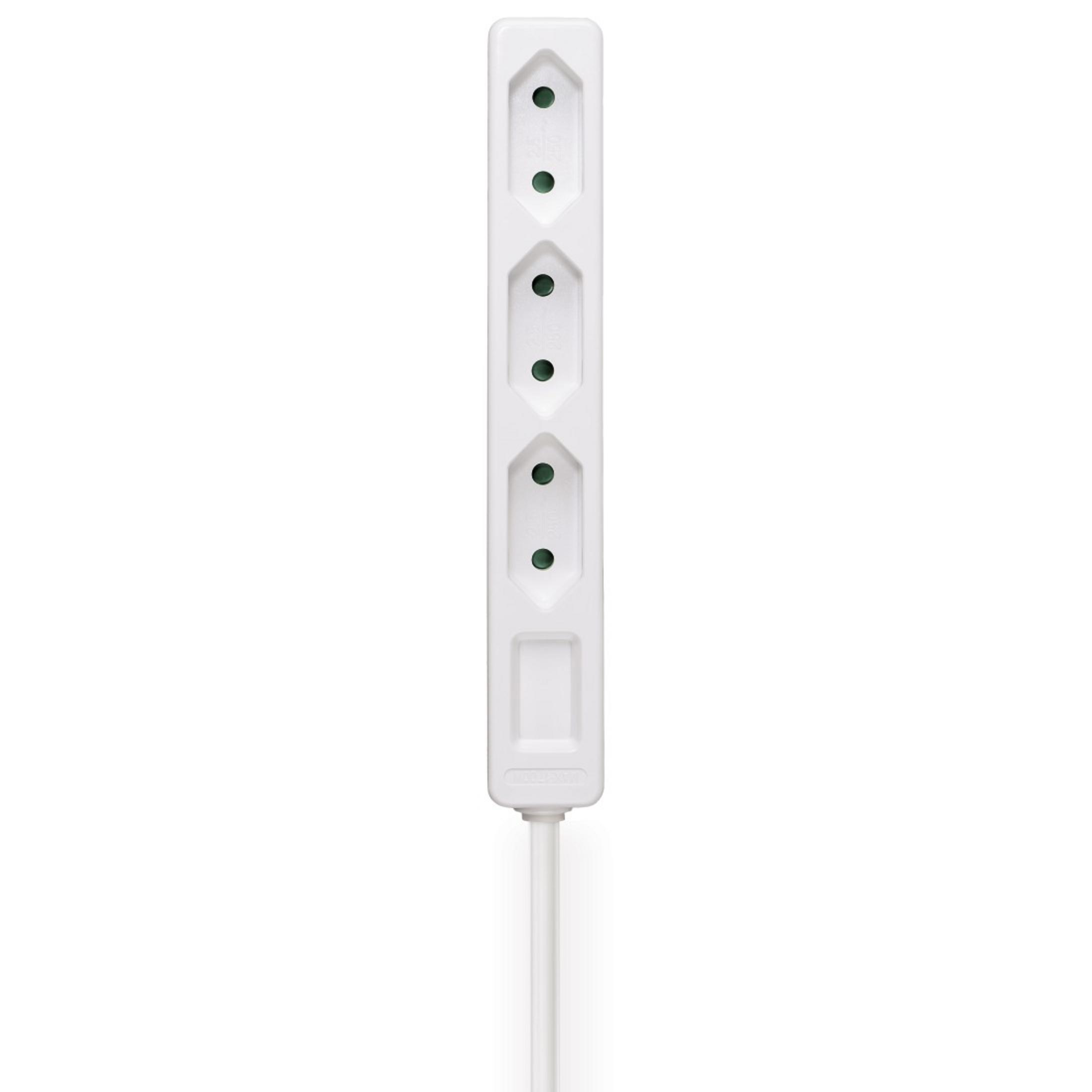 Weiße Steckdosenleiste mit drei Steckdosen und weißem Kabel.