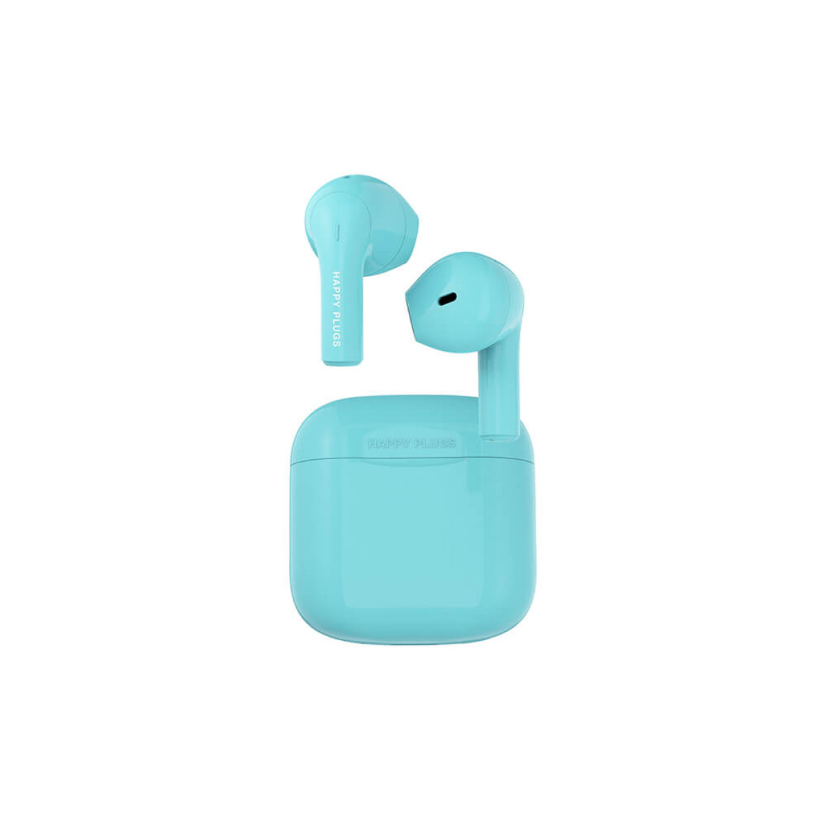 Un paio di auricolari Happy Plugs azzurri con una custodia di ricarica in primo piano.