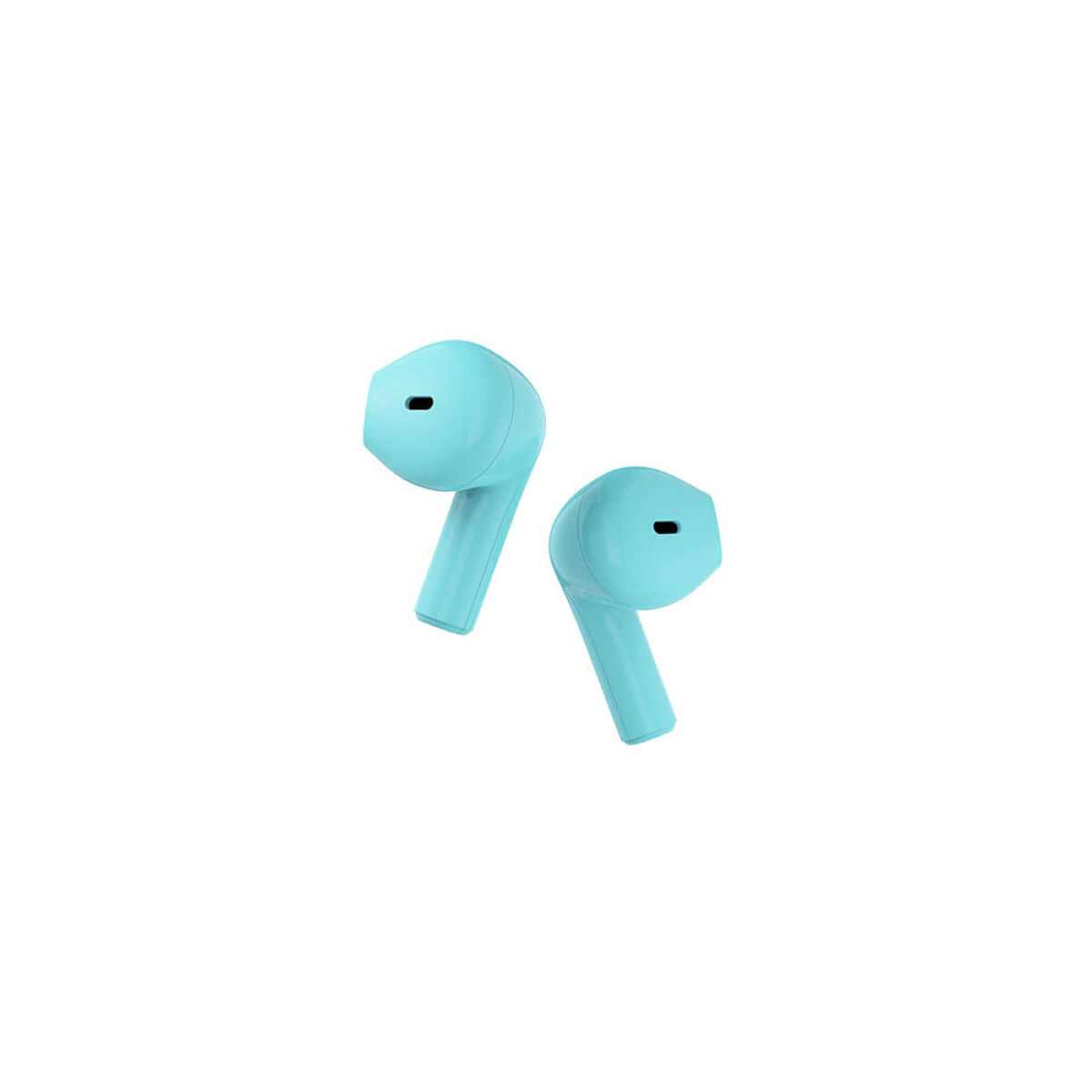 Due auricolari wireless azzurri, posizionati su uno sfondo bianco semplice.