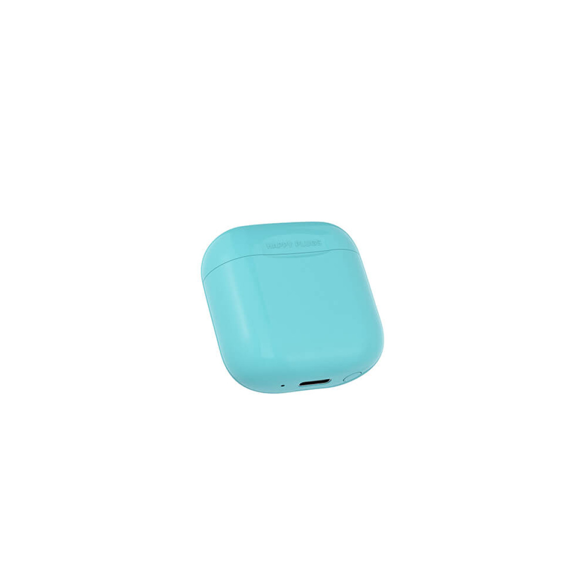 Una custodia di ricarica azzurra per auricolari wireless. La custodia presenta la scritta 'HAPPY MOUSE' in alto.