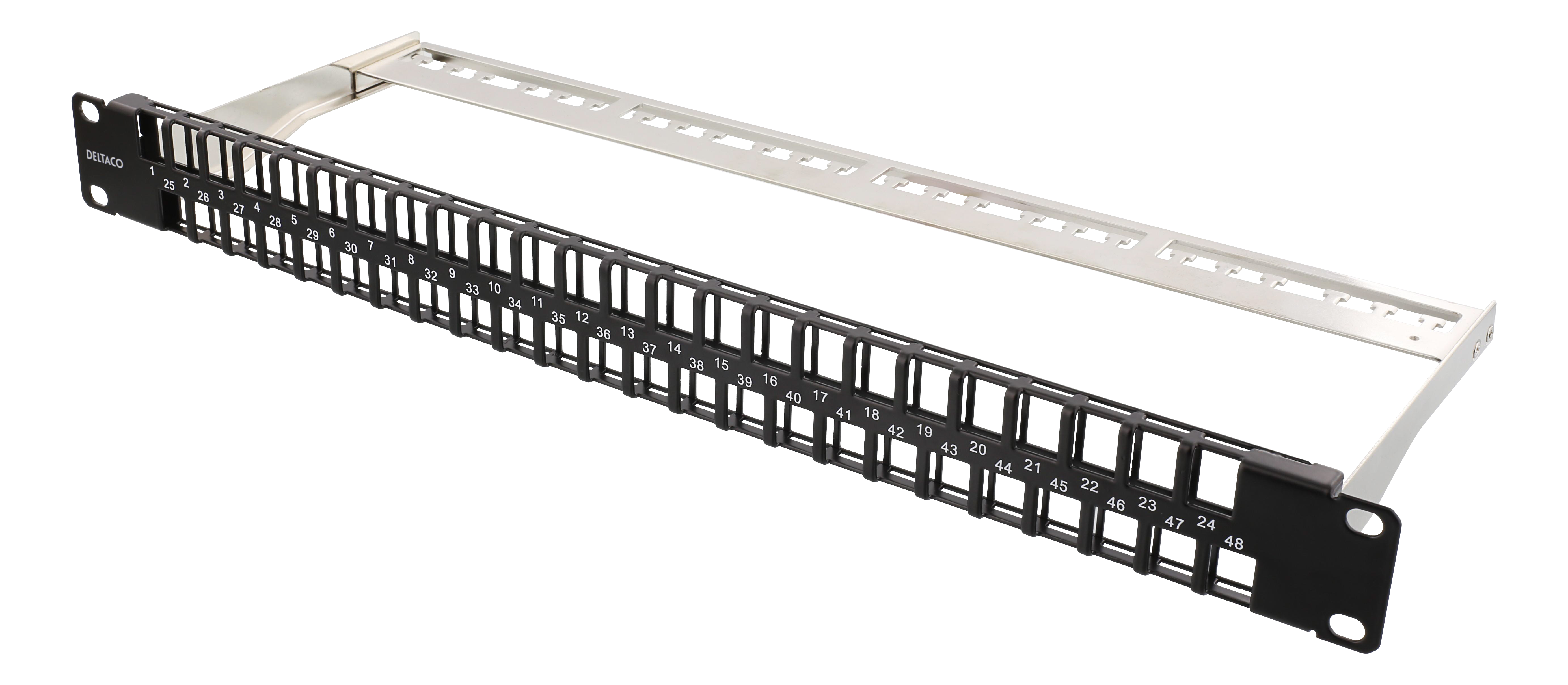 Schwarzes Server-Rack-Panel mit nummerierten Löchern und einer silbernen Halterung.