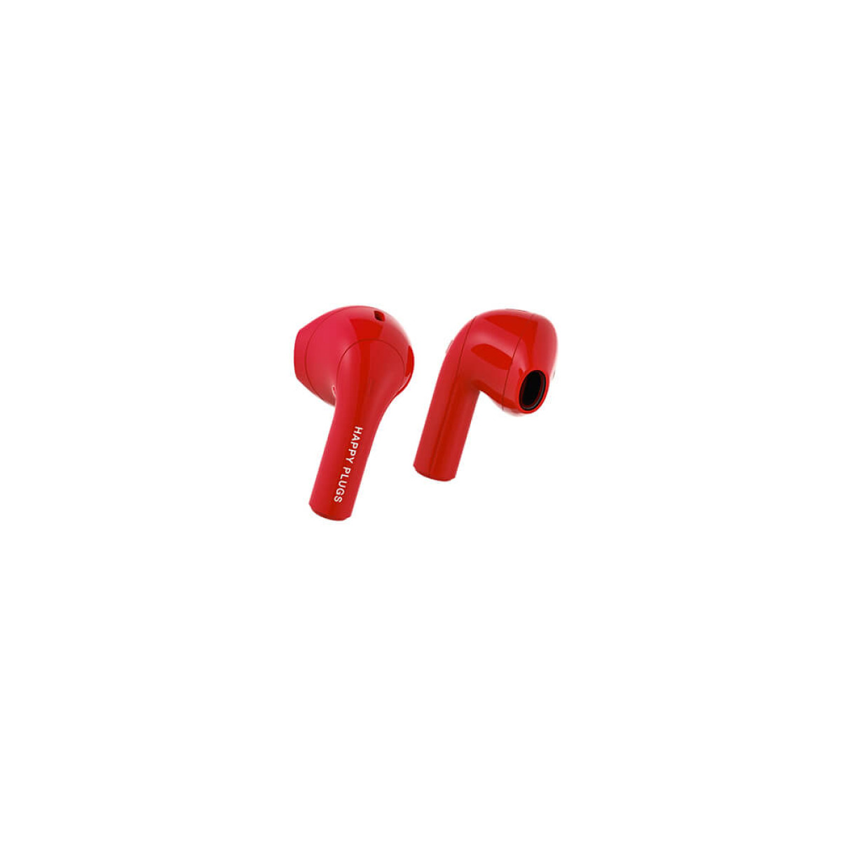 Para czerwonych słuchawek Happy Plugs na białym tle.
