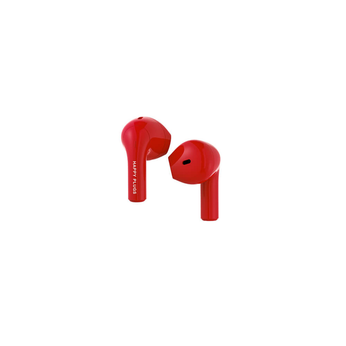 Dwa czerwone słuchawki Happy Plugs, prezentowane na białym tle.