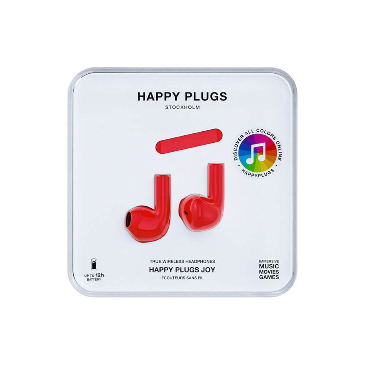 Rote Happy Plugs Joy Ohrhörer auf einer weißen Karte mit Text.