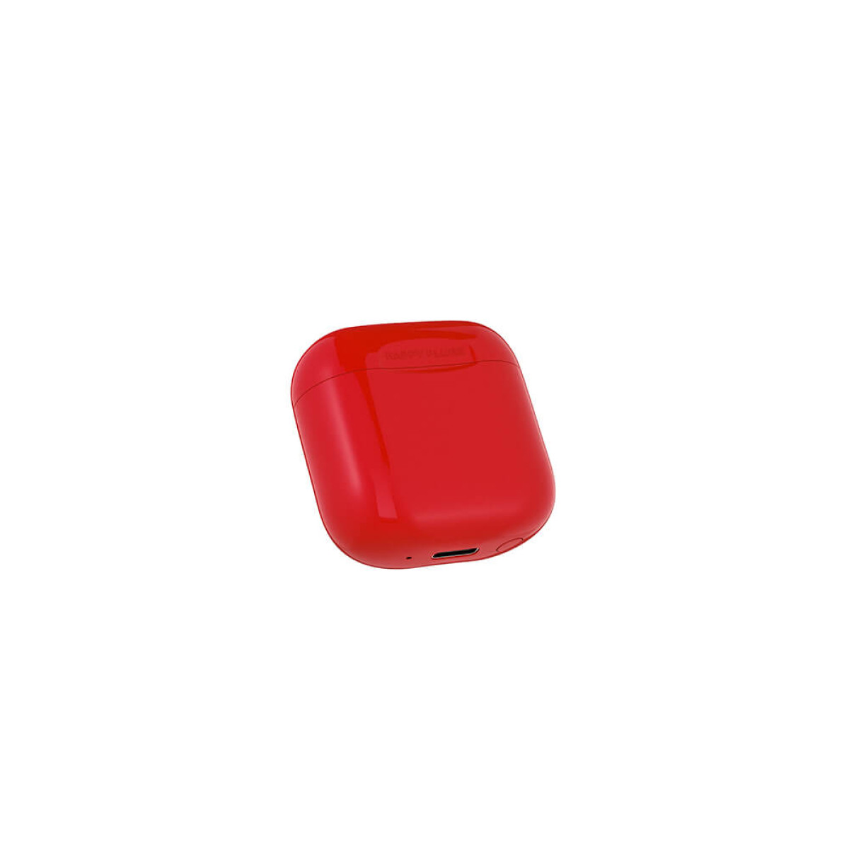 Czerwone etui ładujące do słuchawek Happy Plugs na białej powierzchni.