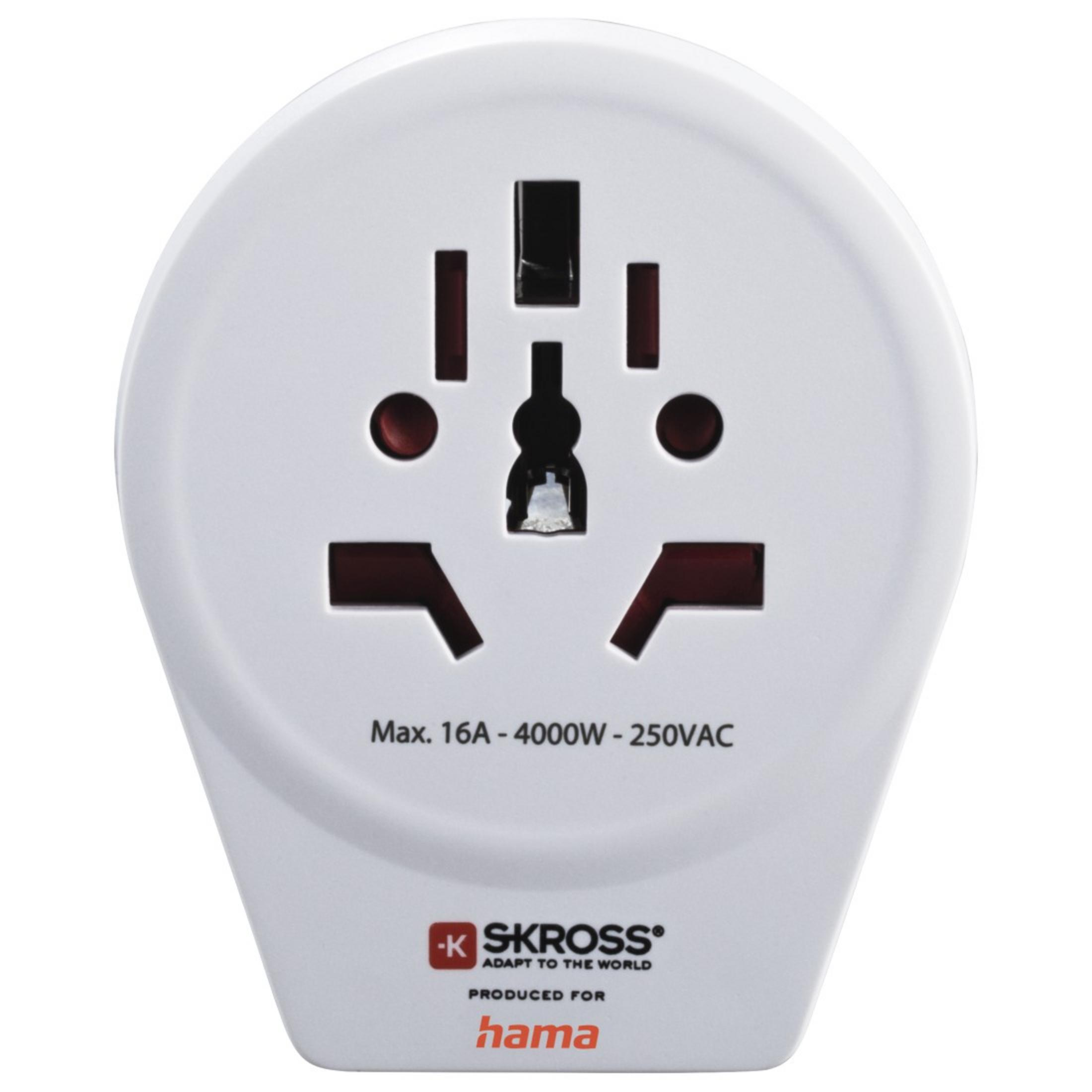 Biała uniwersalna przejściówka podróżna z wieloma gniazdami i czarnymi wtyczkami wewnętrznymi. Widoczny tekst.