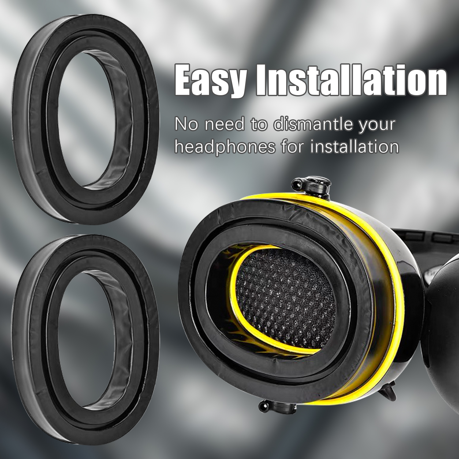 Dwie czarne nausznice i jedna z żółtą obwódką, z tekstem "Easy Installation".
