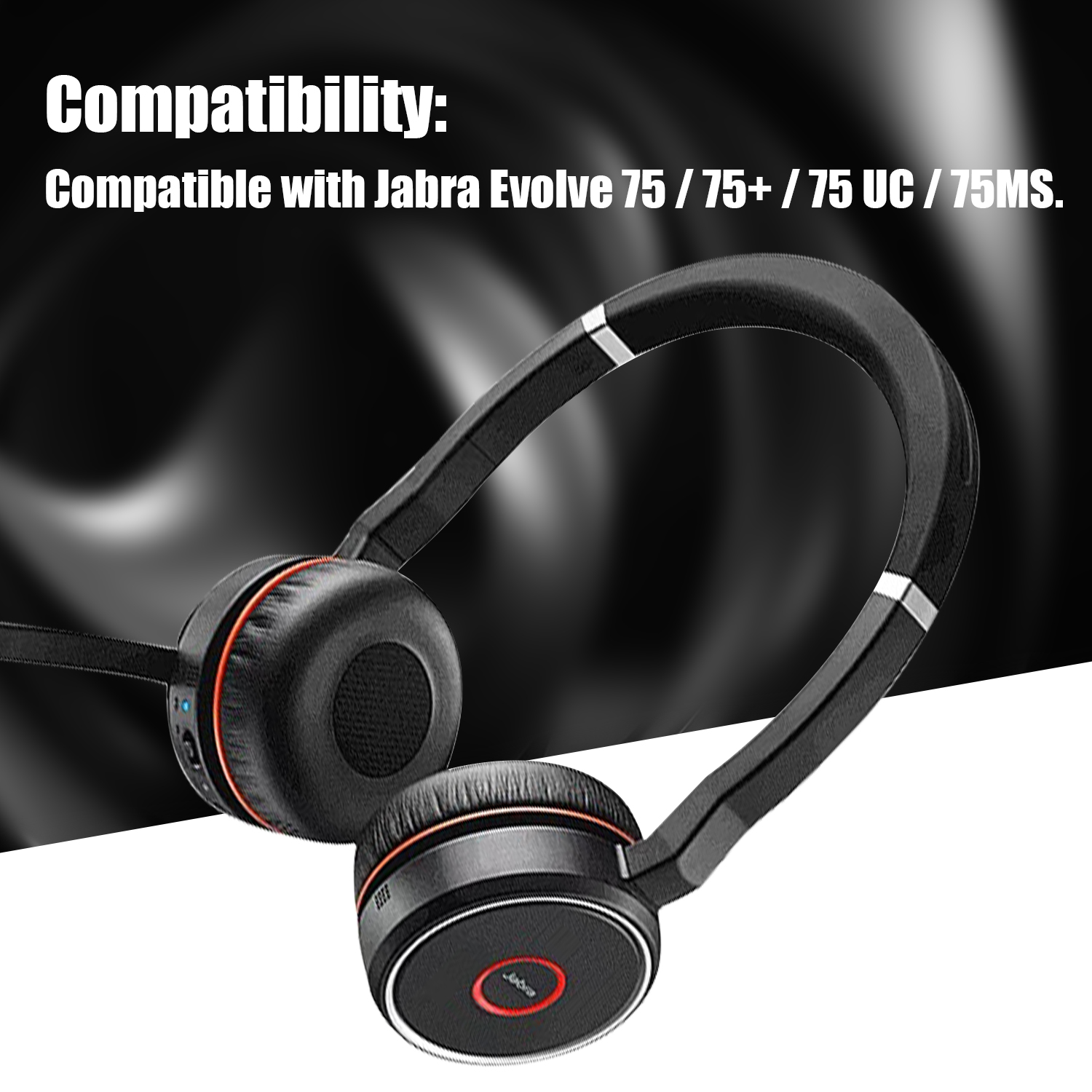 Czarny i czerwony zestaw słuchawkowy z tekstem wskazującym kompatybilność z serią Jabra Evolve 75.