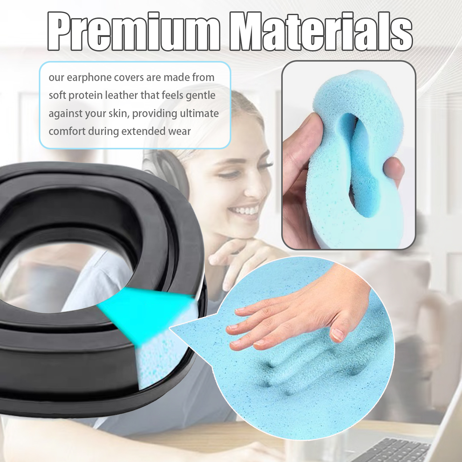 Obraz przedstawiający nakładki na słuchawki wykonane z miękkiej skóry proteinowej. Ręka dotyka pianki.