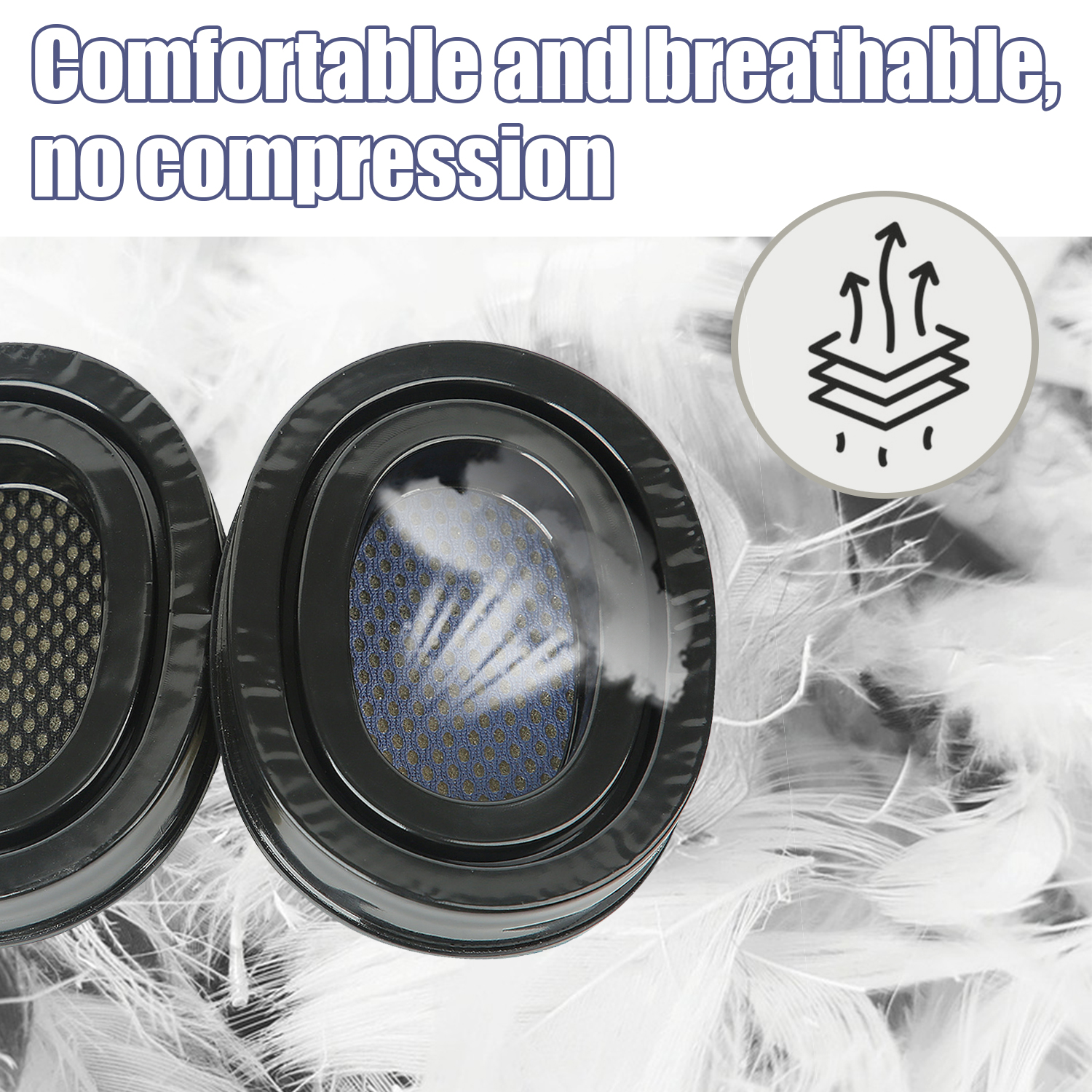 Dwie czarne słuchawki z białymi piórami w tle, z tekstem 'Wygodne i oddychające'.