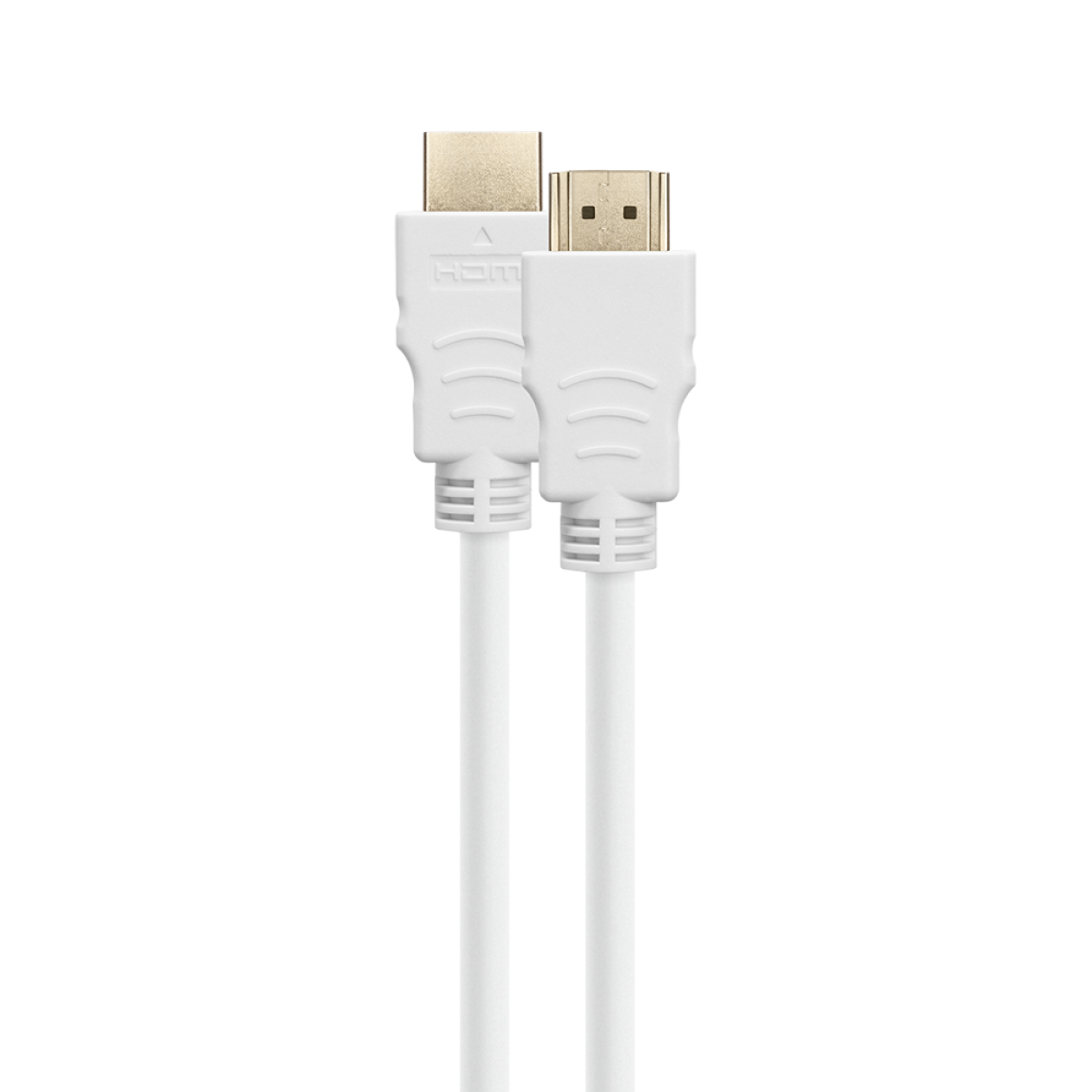 Zwei weiße HDMI-Kabel mit Goldsteckern. Schwarzer Hintergrund.