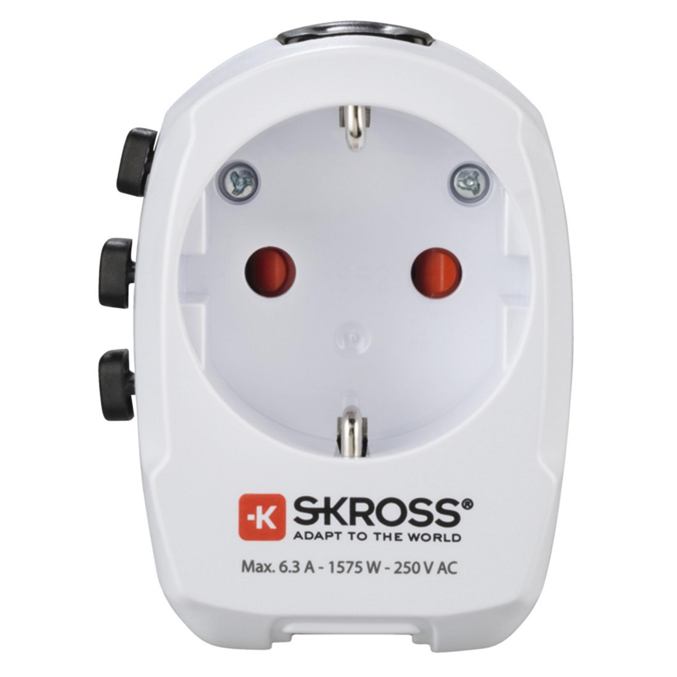 Adattatore da viaggio bianco con configurazioni multiple di spina e logo SKROSS rosso.