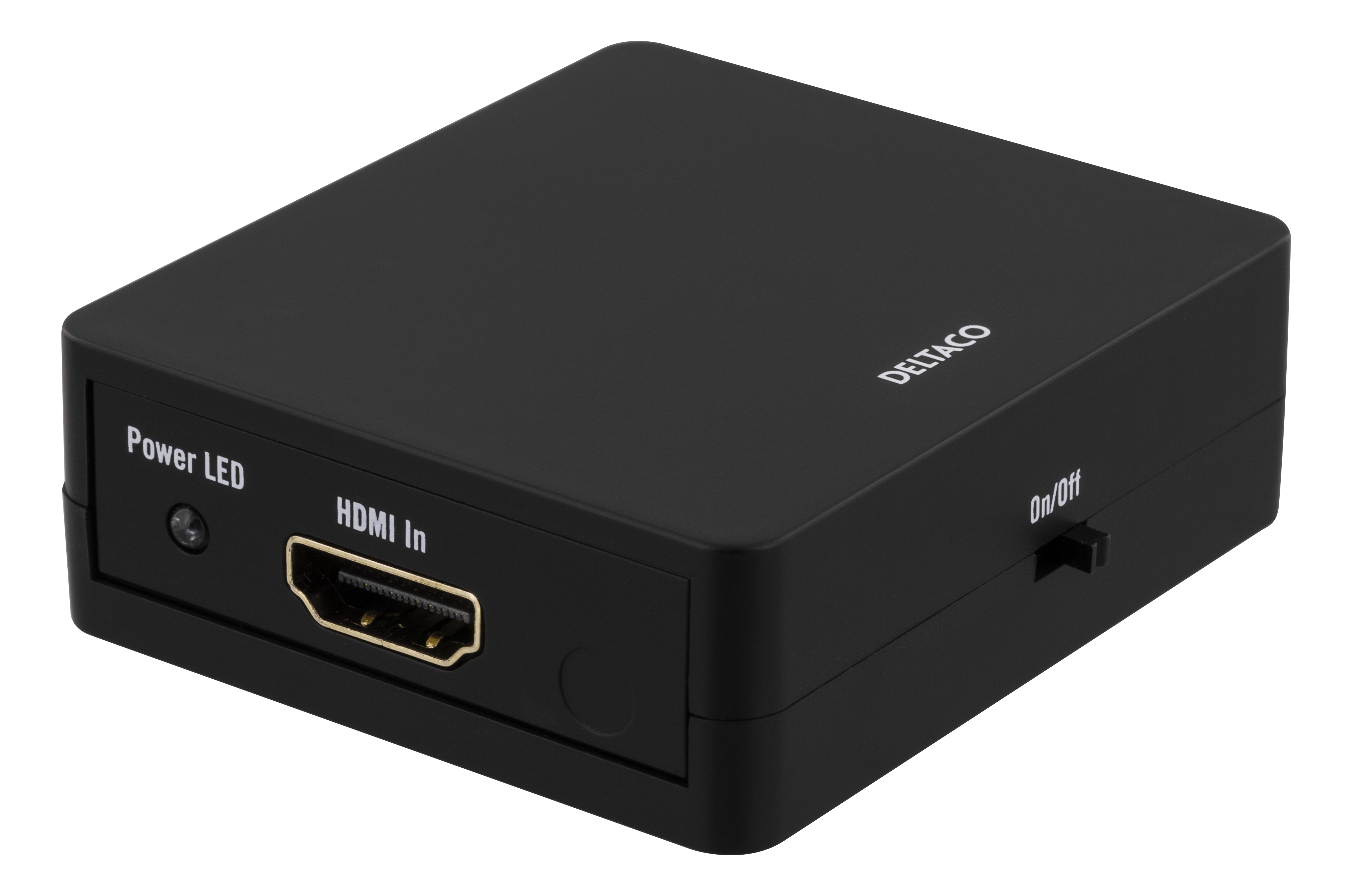 Ein schwarzes rechteckiges Gerät mit der Aufschrift 'Power LED', 'HDMI In' und Ein/Aus-Schalter.