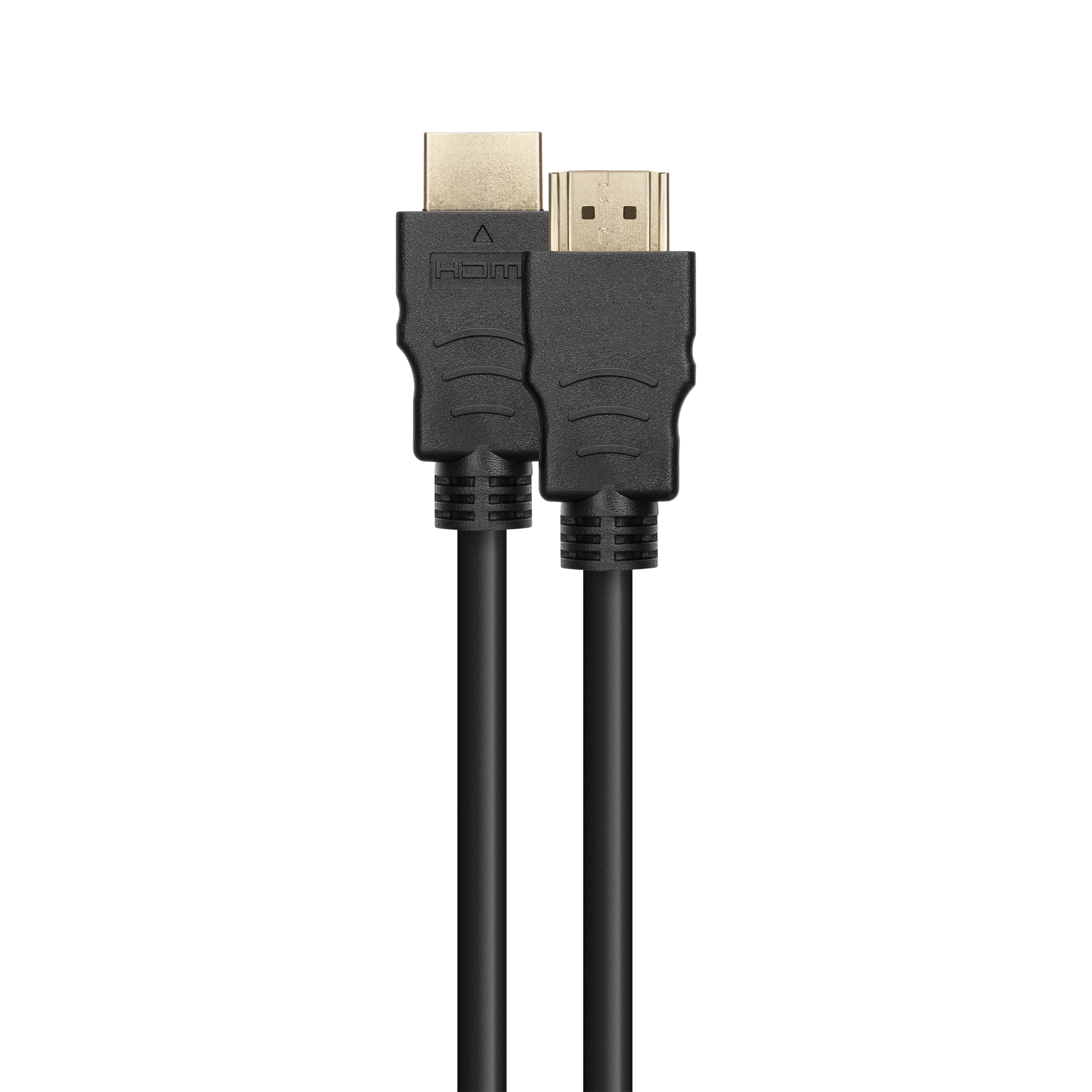 Zwei schwarze HDMI-Kabel mit Goldanschlüssen vor schwarzem Hintergrund.
