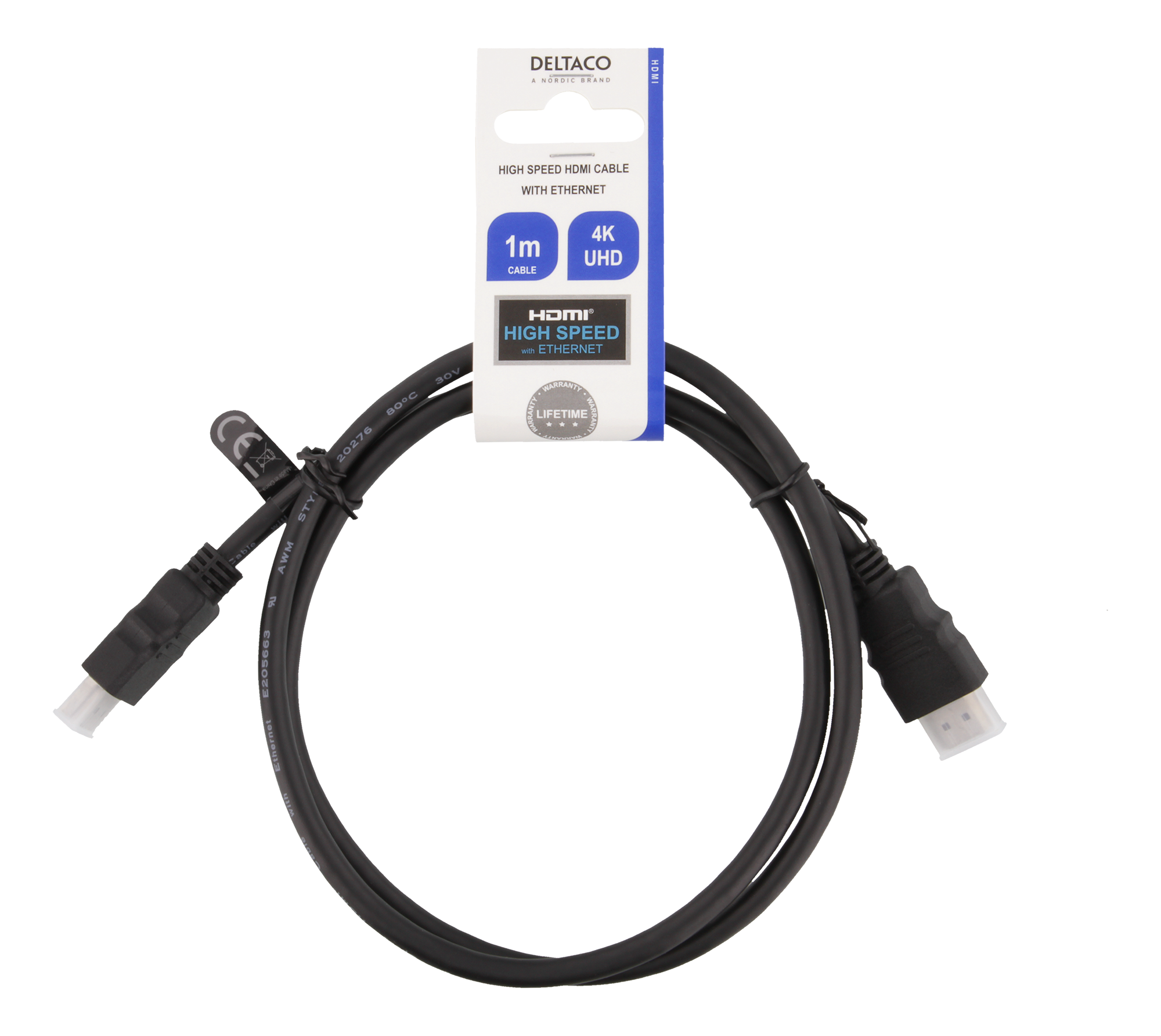 Schwarzes HDMI-Kabel mit Verpackung. Paket hat Text: High Speed HDMI Cable, 4K UHD, 1m.