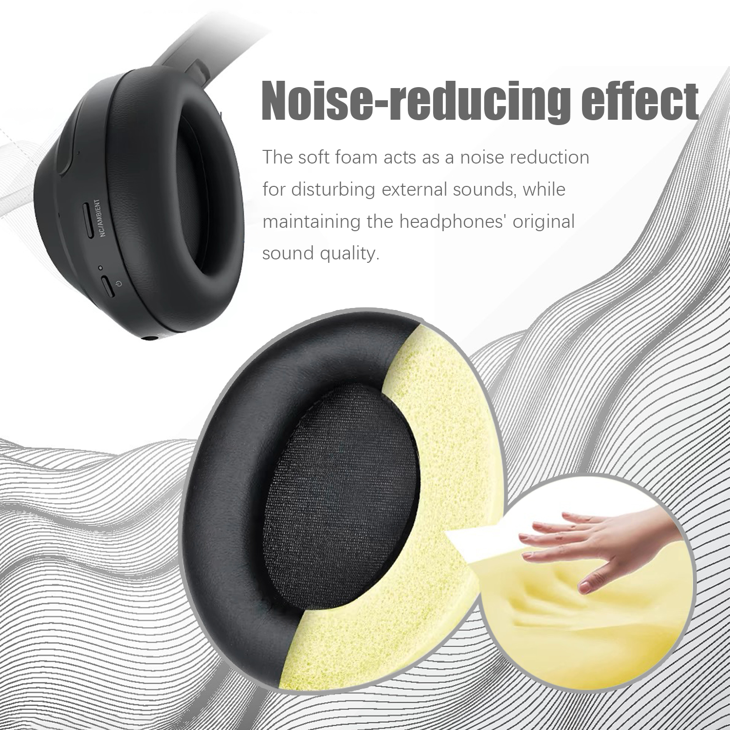 Słuchawki z wyciętą pianką, widok wnętrza i dłoń.