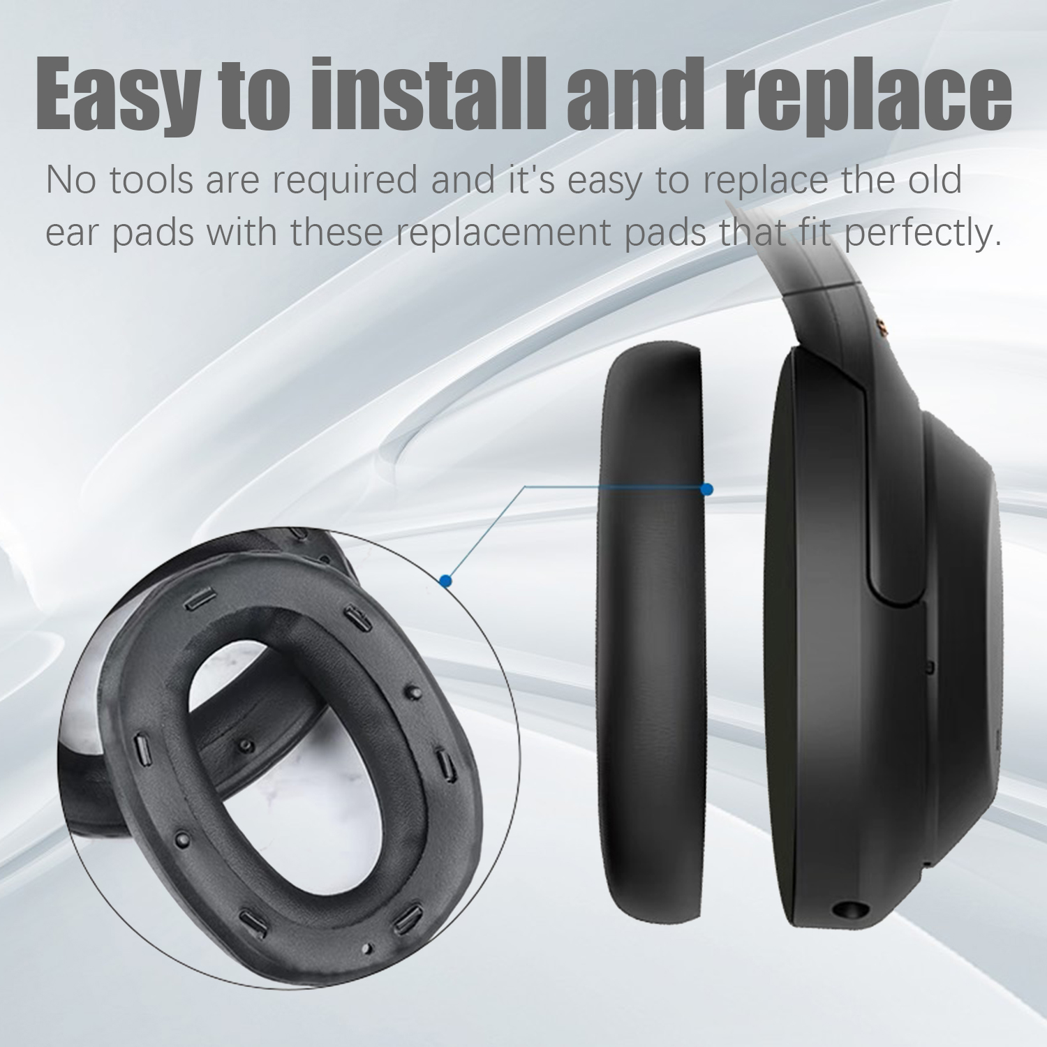 Czarne słuchawki z wymiennymi nausznikami. Tekst: Łatwe do zainstalowania i wymiany.