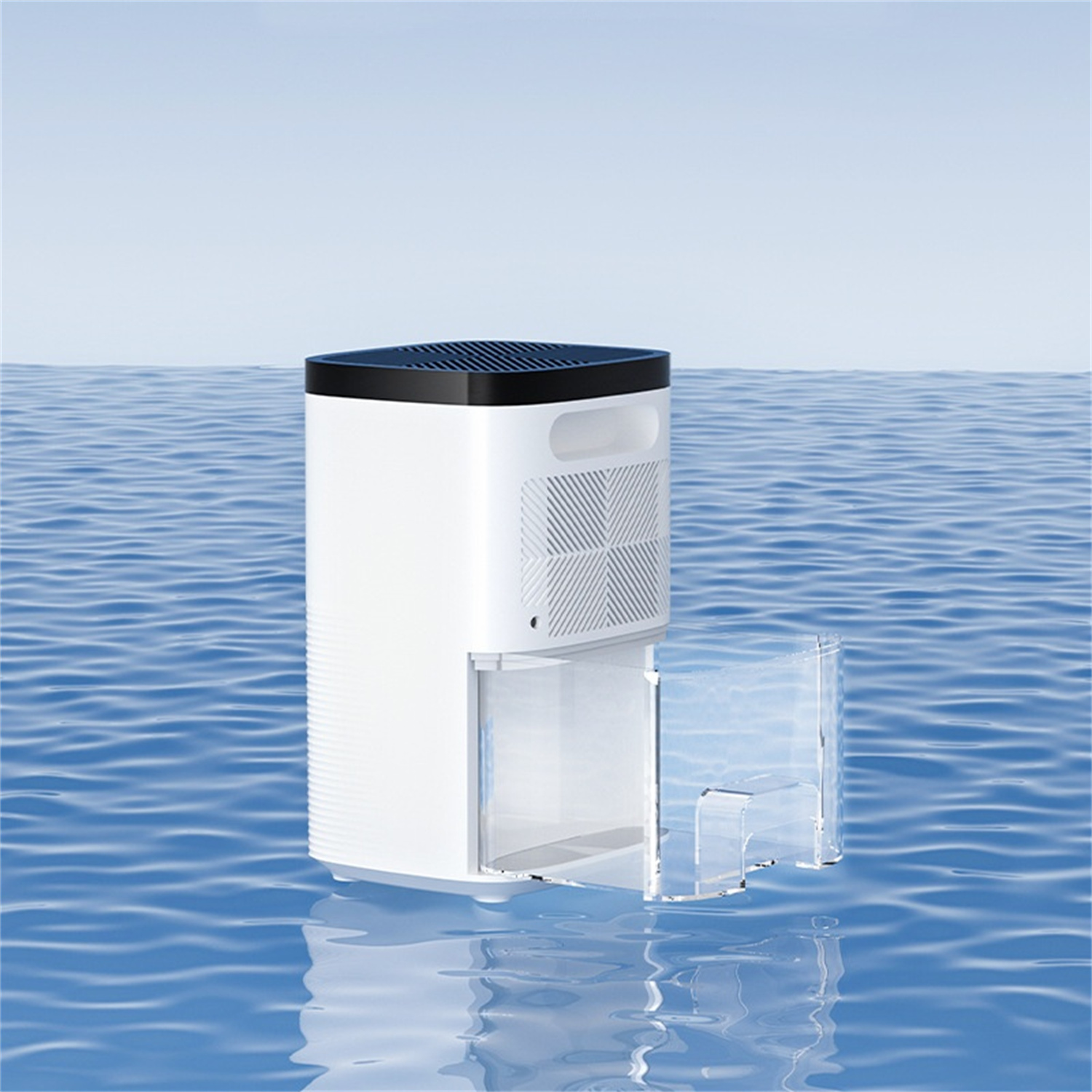 Weißer und schwarzer Luftreiniger mit transparentem Wassertank. Der Hintergrund ist eine blaue Wasseroberfläche.