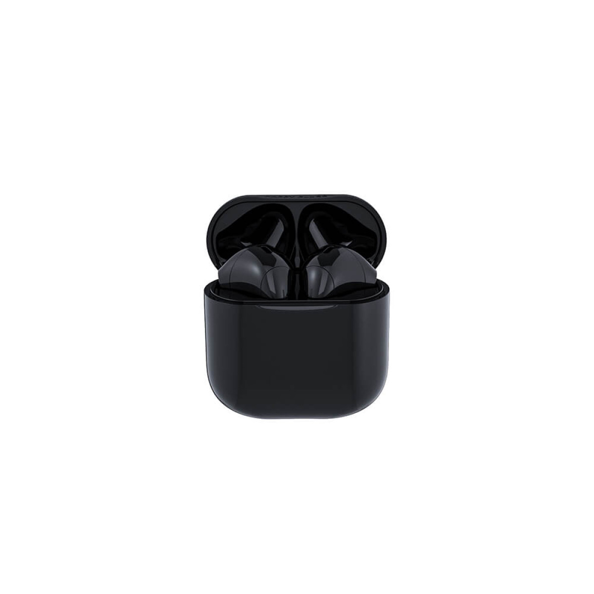 Auricolari wireless neri in una custodia di ricarica, aperti e su una superficie bianca.