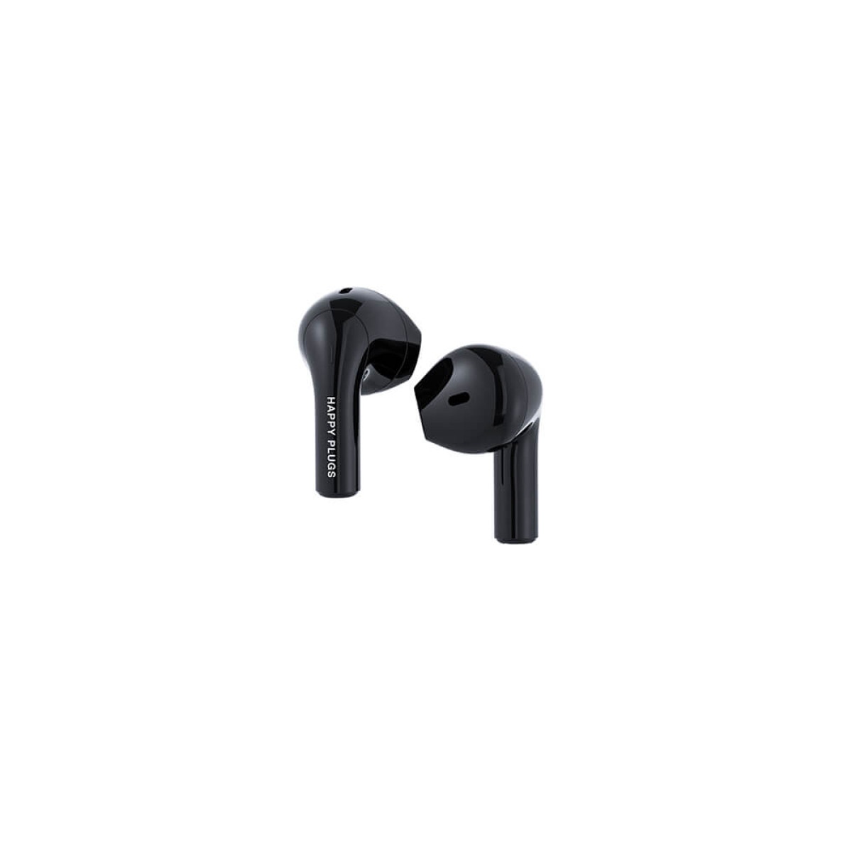 Auricolari Happy Plugs neri su una superficie bianca, vista isolata.