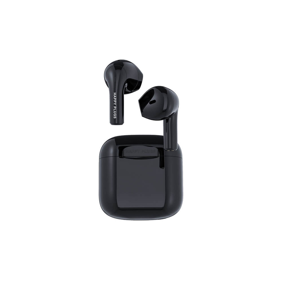 Auricolari Happy Plugs neri e custodia di ricarica. Vengono visualizzati due auricolari e una custodia.