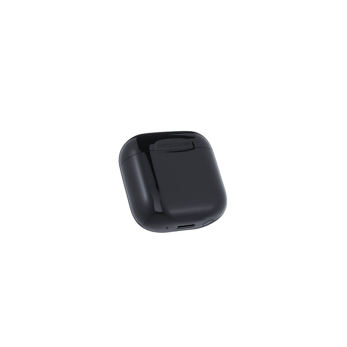 Custodia per auricolari wireless nera, chiusa, con porta di ricarica.