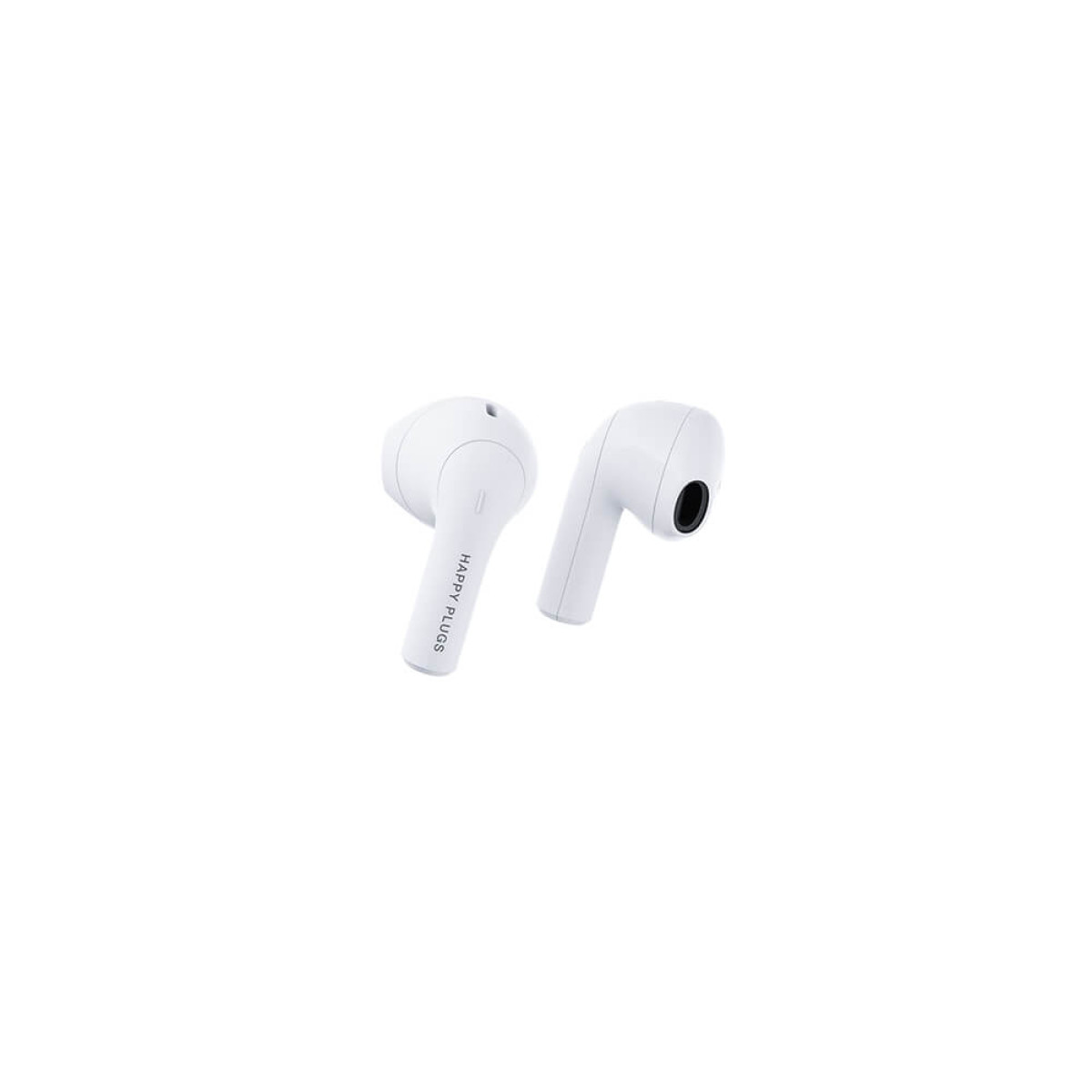 Zwei weiße Ohrhörer mit dem Logo "Happy Plugs" auf weißem Hintergrund.