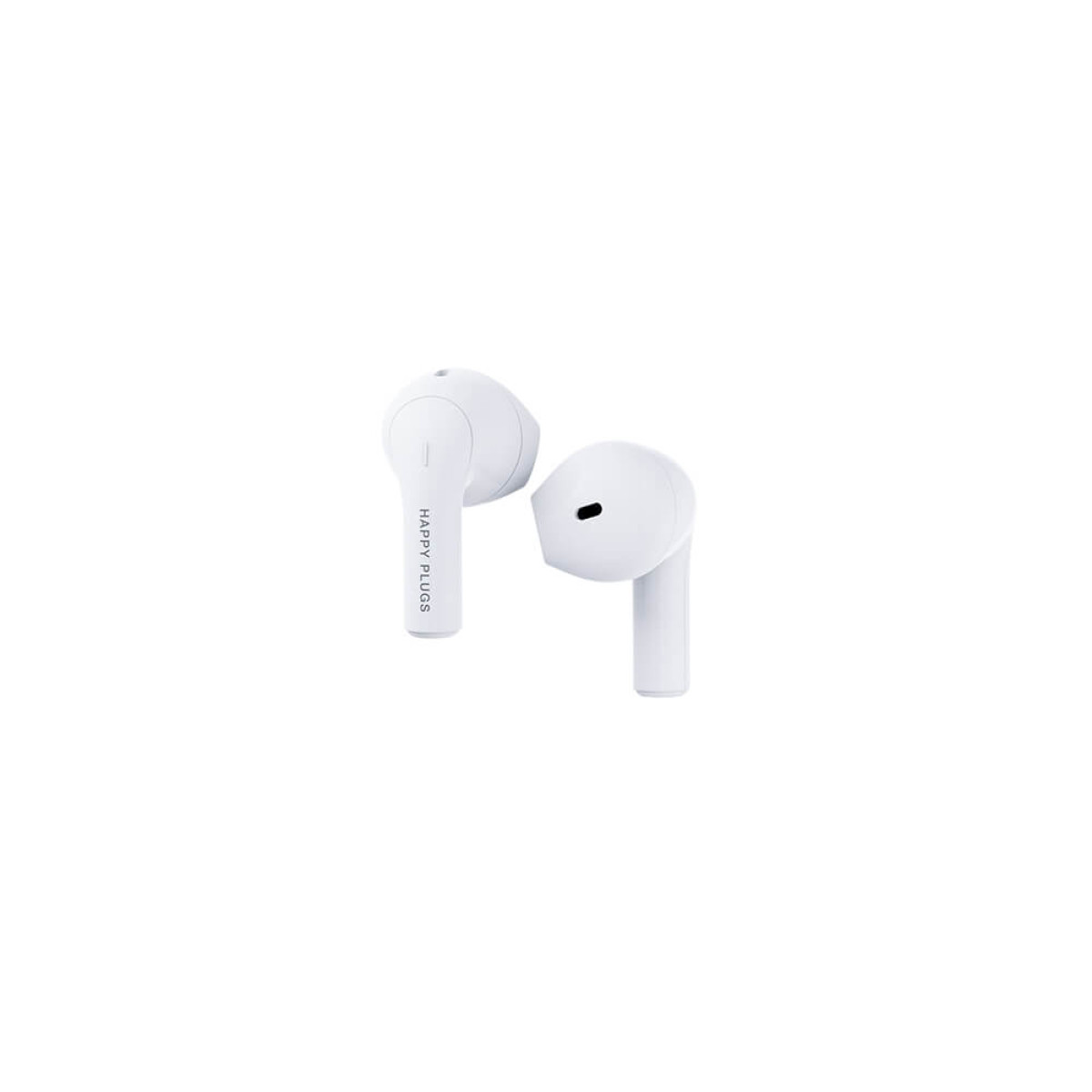 Zwei weiße Ohrhörer auf weißem Hintergrund. Die Marke "HAPPY PLUGS" steht auf einem.