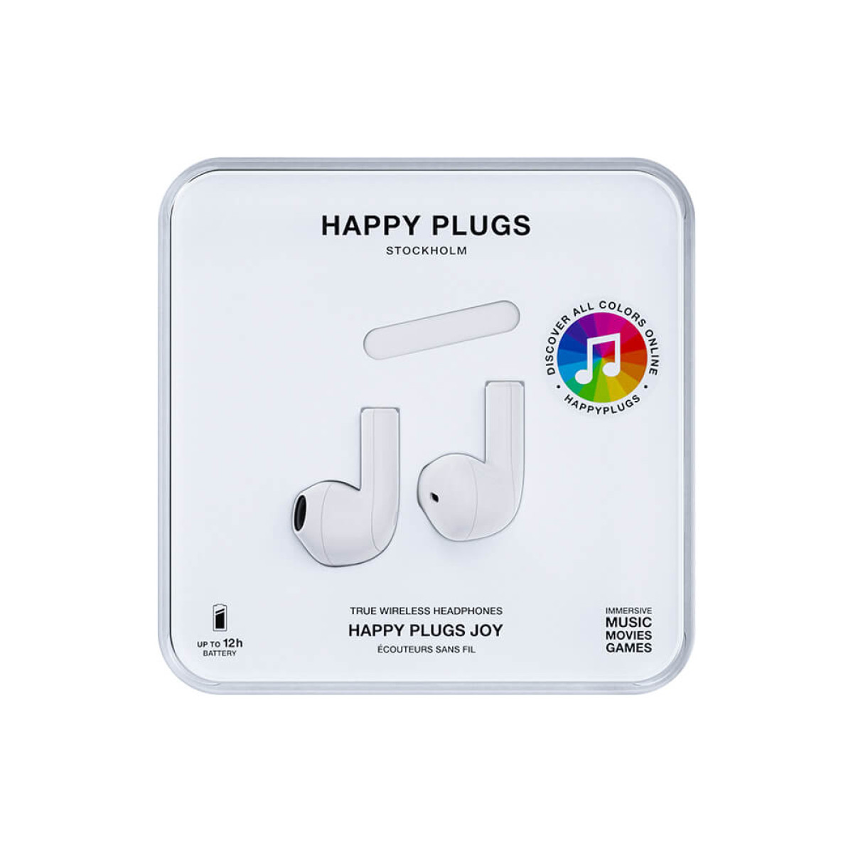 Weiße Happy Plugs Joy Ohrhörer auf einer weißen Karte mit Text.