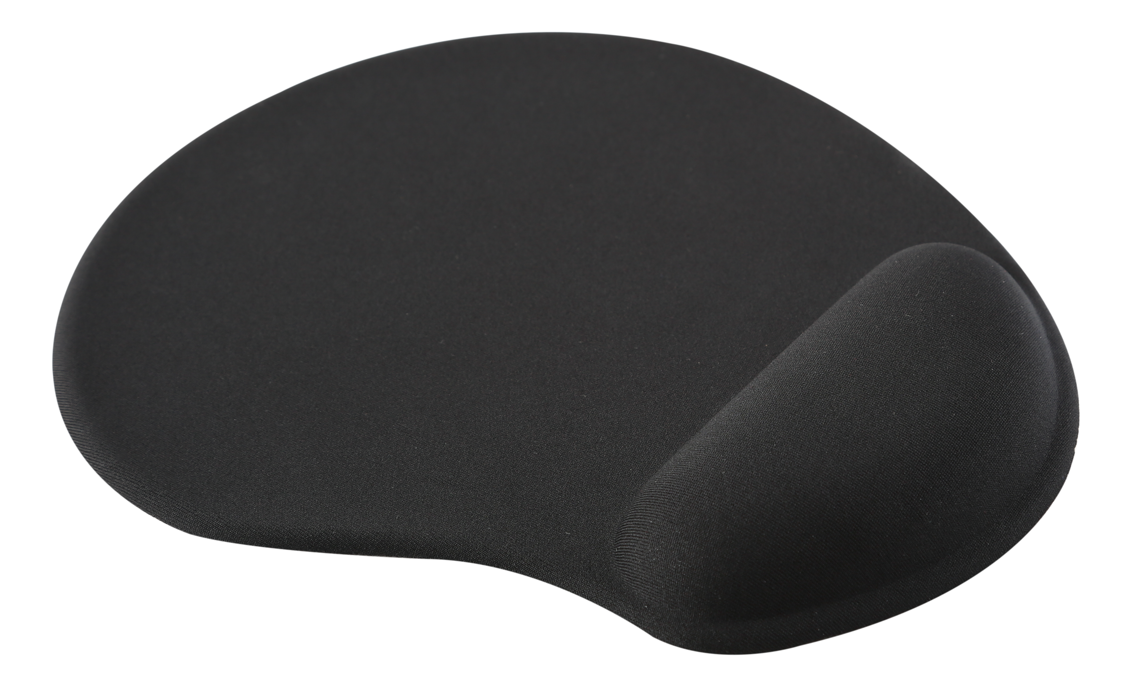 Schwarzes ergonomisches Mauspapier mit Handgelenkauflage, gebogene Form.