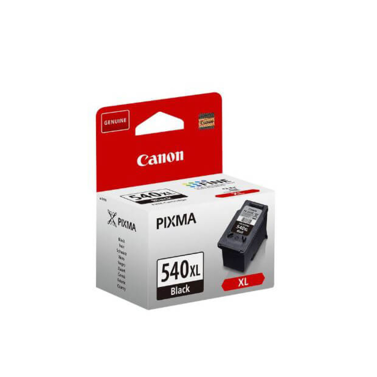 Scatola cartuccia inchiostro nero Canon 540XL con parte superiore rossa e cartuccia.
