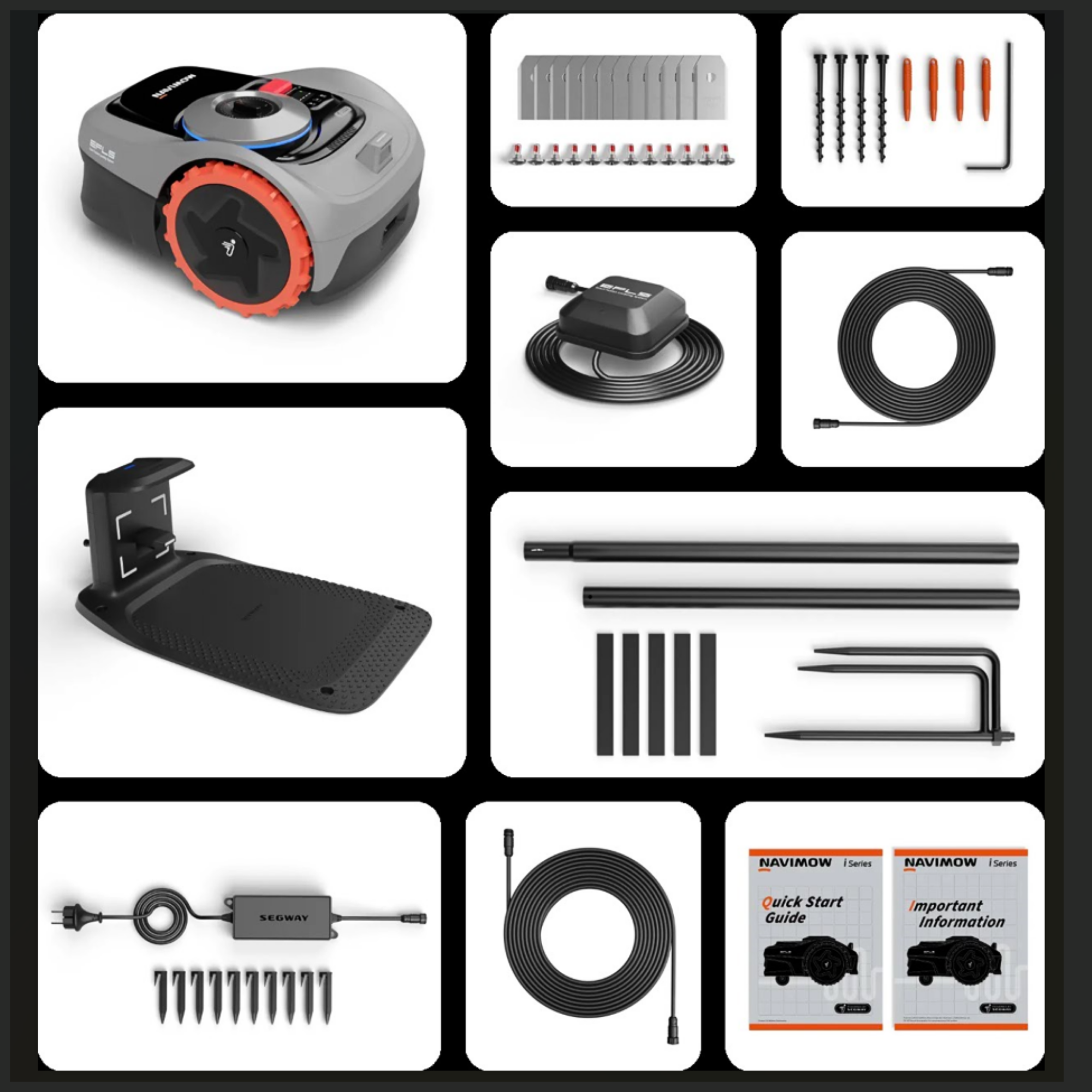 Robot koszący i akcesoria. Zawiera stację ładującą, przewód obwodowy, złącza i instrukcje.