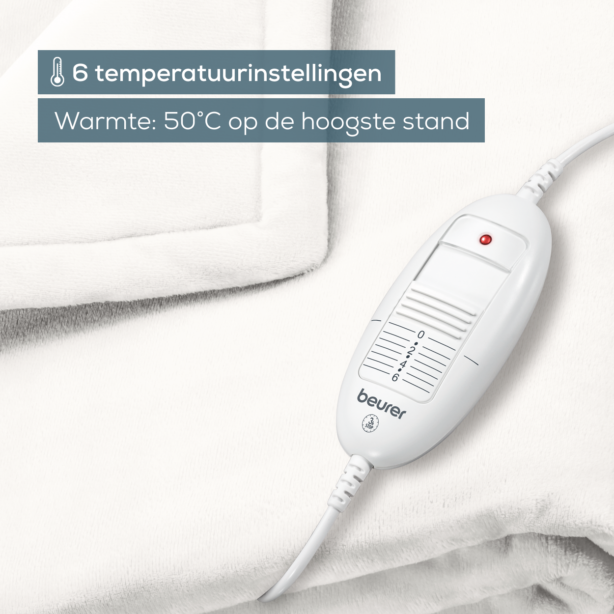 Coperta riscaldante elettrica con pannello di controllo che mostra le impostazioni della temperatura e le informazioni sul marchio.