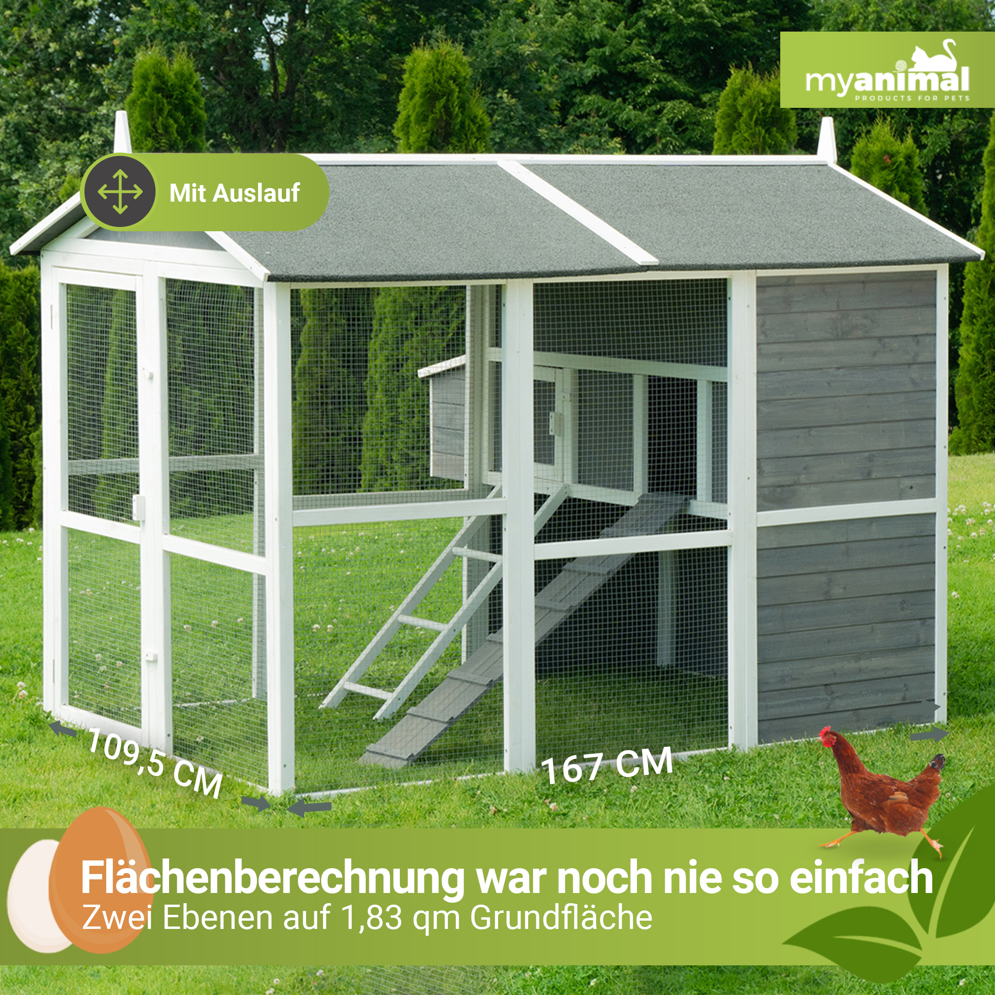 Hühnerstall aus Holz mit grauem Dach, Rampe und Huhn, mit Text über die Fläche.