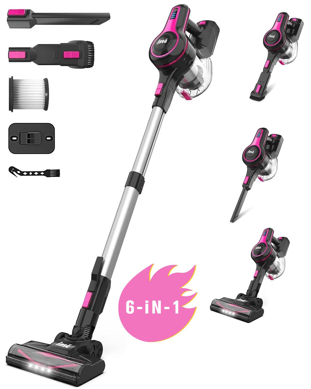 Un aspirateur sans fil avec accessoires. Il a des accents roses et est montré sous plusieurs angles.