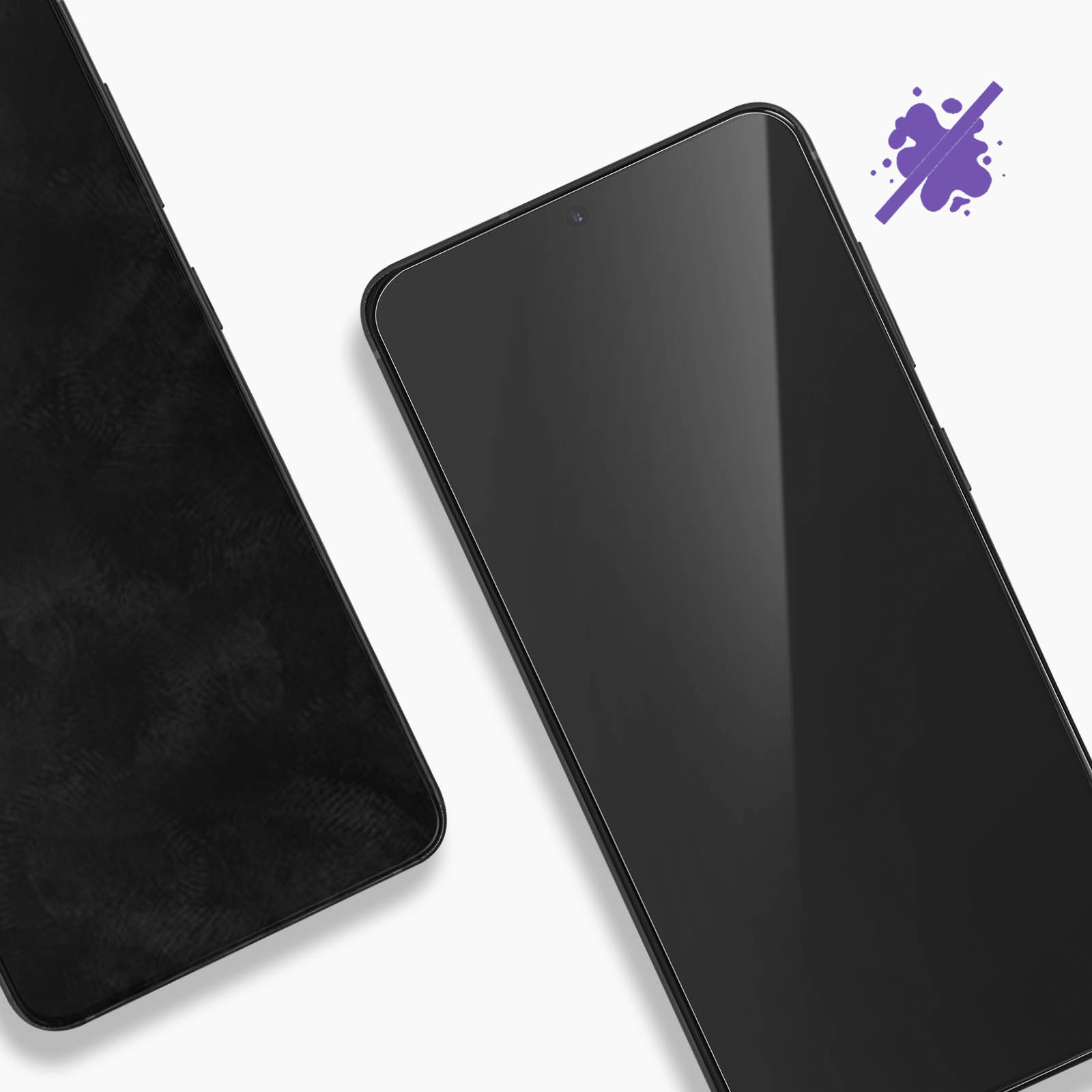 Due smartphone neri, uno a fuoco, con icona schizzo che indica resistenza alle macchie su sfondo bianco.