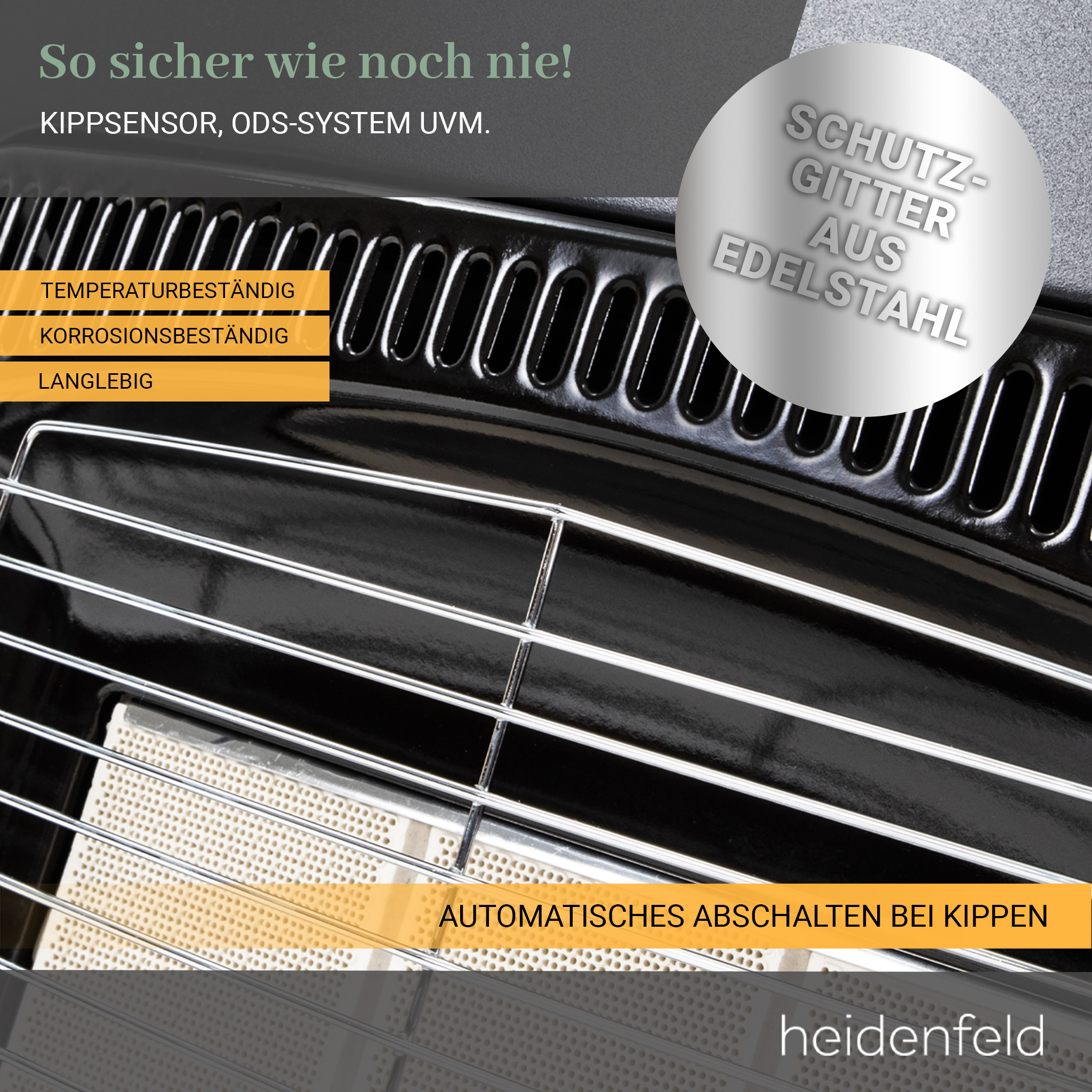 Nahaufnahme eines schwarzen Gasheizers mit Edelstahlgrill. Textetiketten beschreiben Sicherheitsmerkmale.