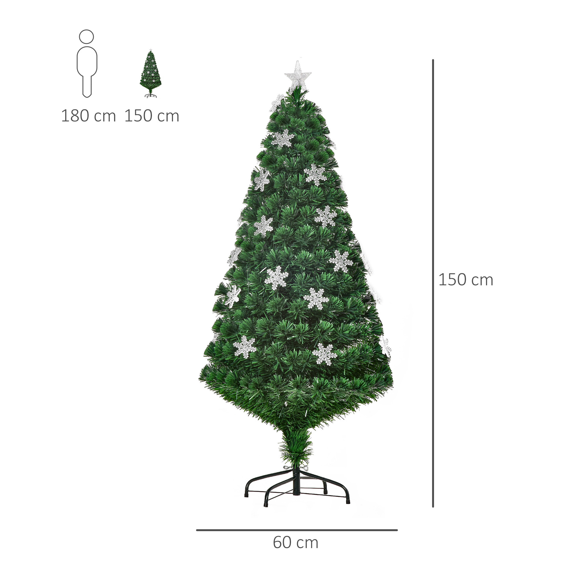 Árbol de Navidad verde con copos de nieve y estrella. Mide 150 cm.