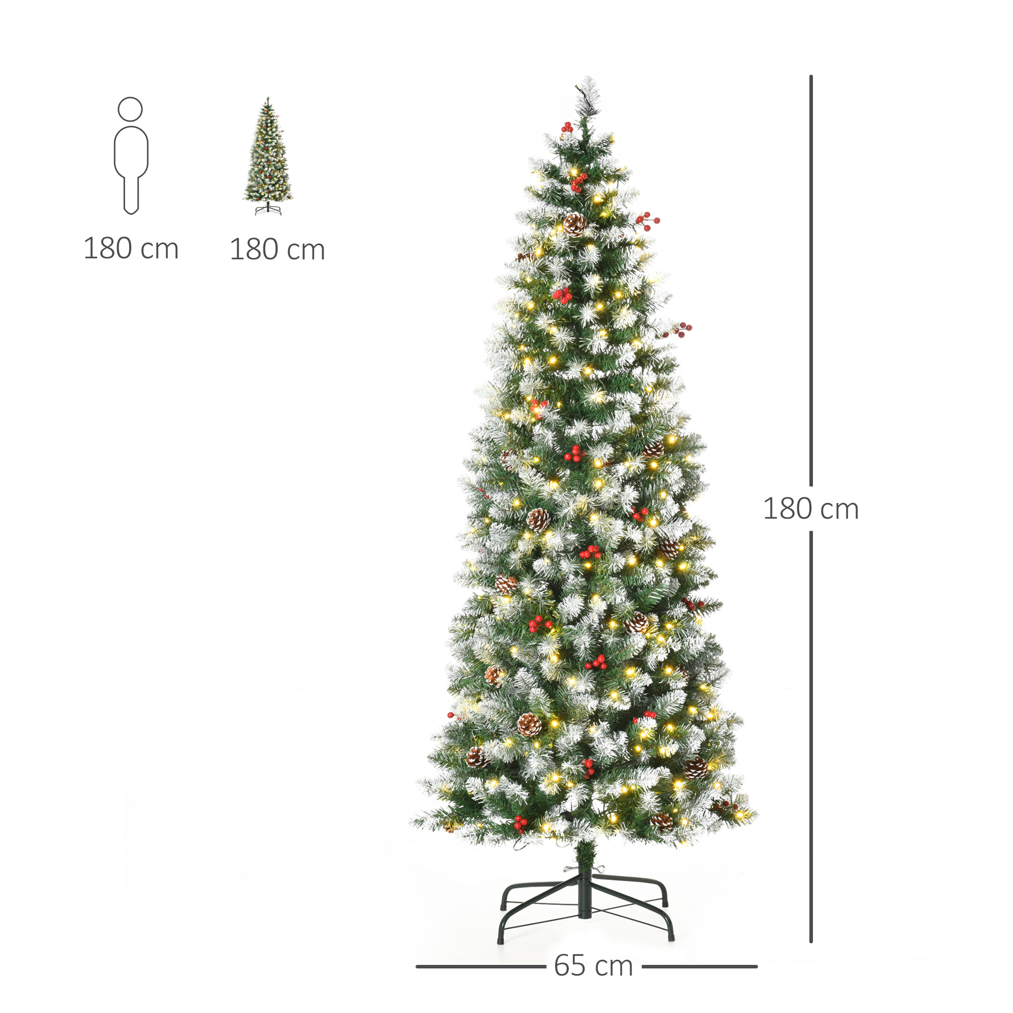 Árbol de Navidad artificial alto, 180 cm, con luces, conos y bayas rojas, sobre soporte.