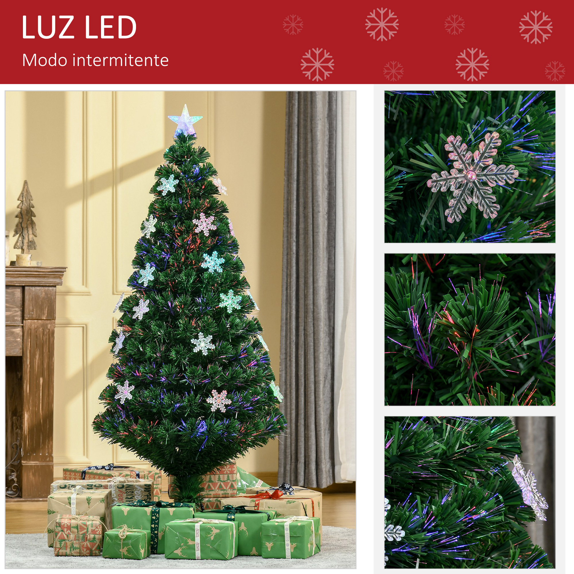 Un árbol de Navidad decorado con regalos alrededor. Hay fotos adicionales.