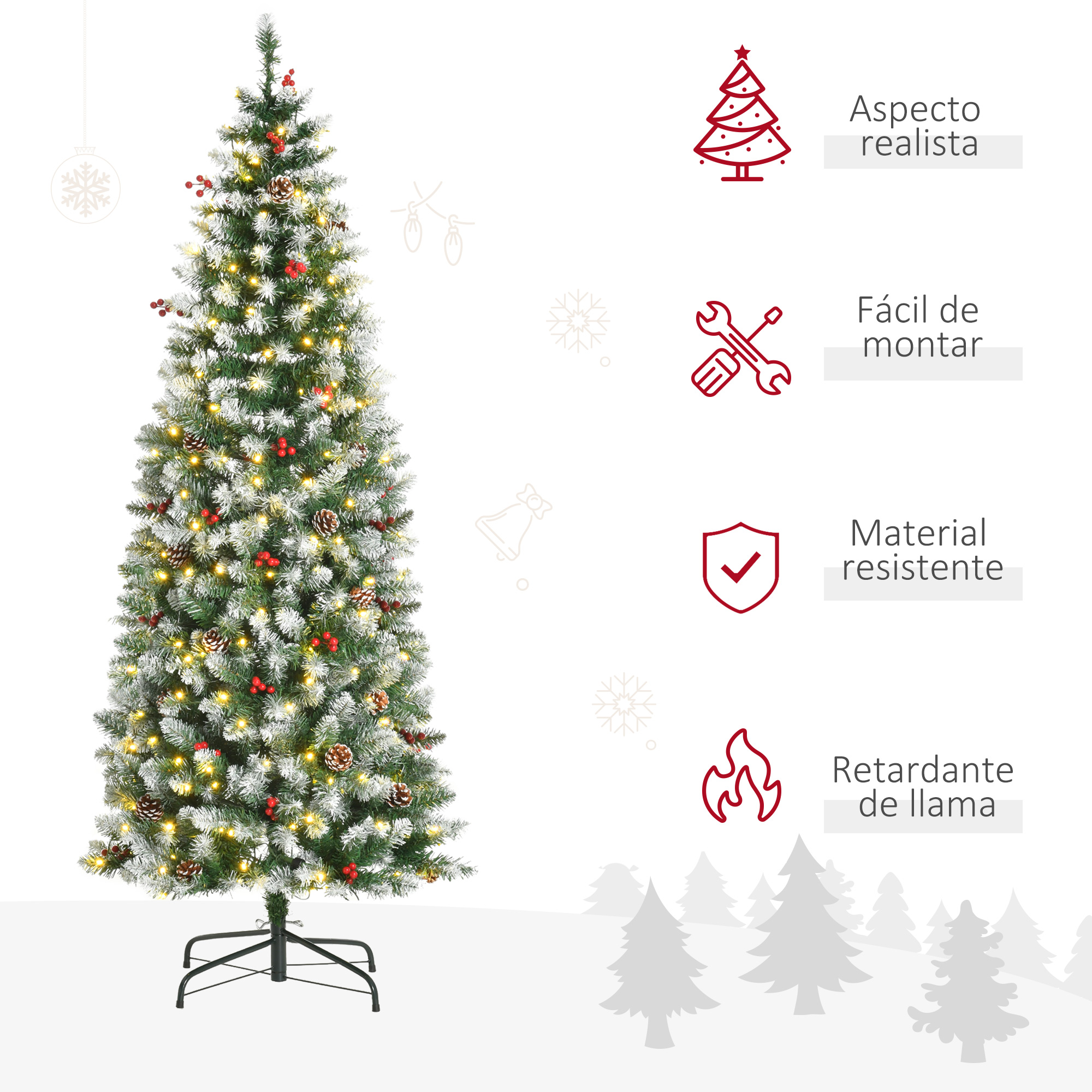Un árbol de Navidad alto y delgado con luces, piñas y bayas rojas.