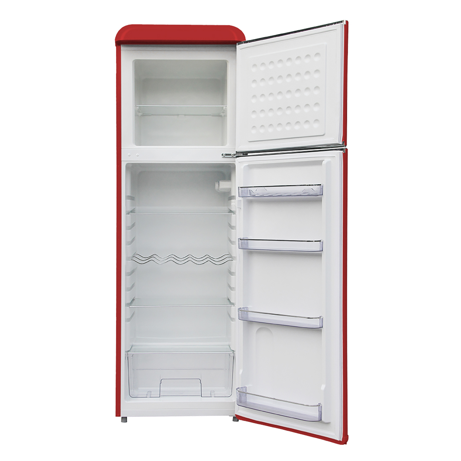 Un frigorifero rosso e bianco con la porta aperta.
